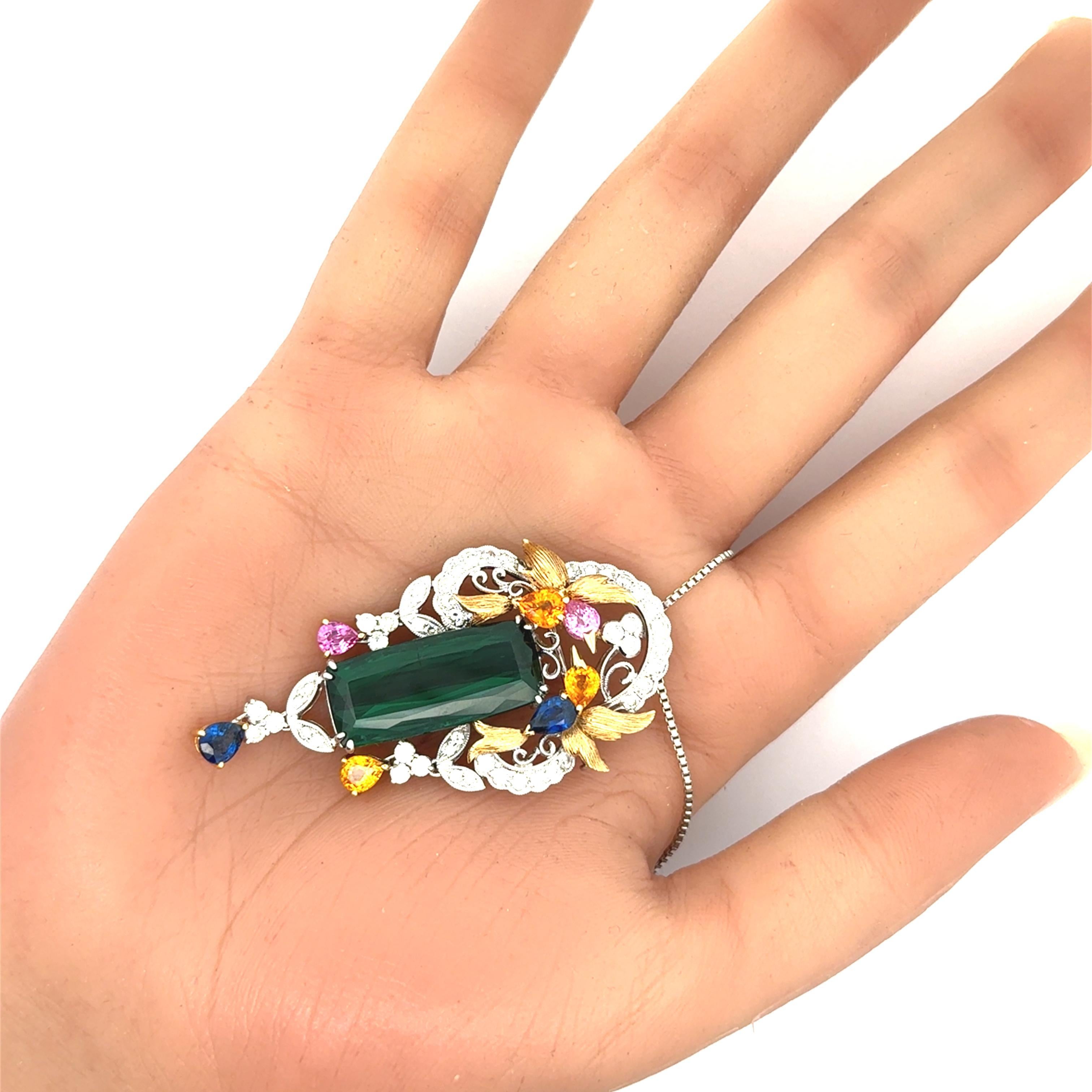 17.63 Carat Tourmaline Sapphire Diamond Platinum & 18k Yellow Gold PendantBrooch In New Condition For Sale In Beverly Hills, CA