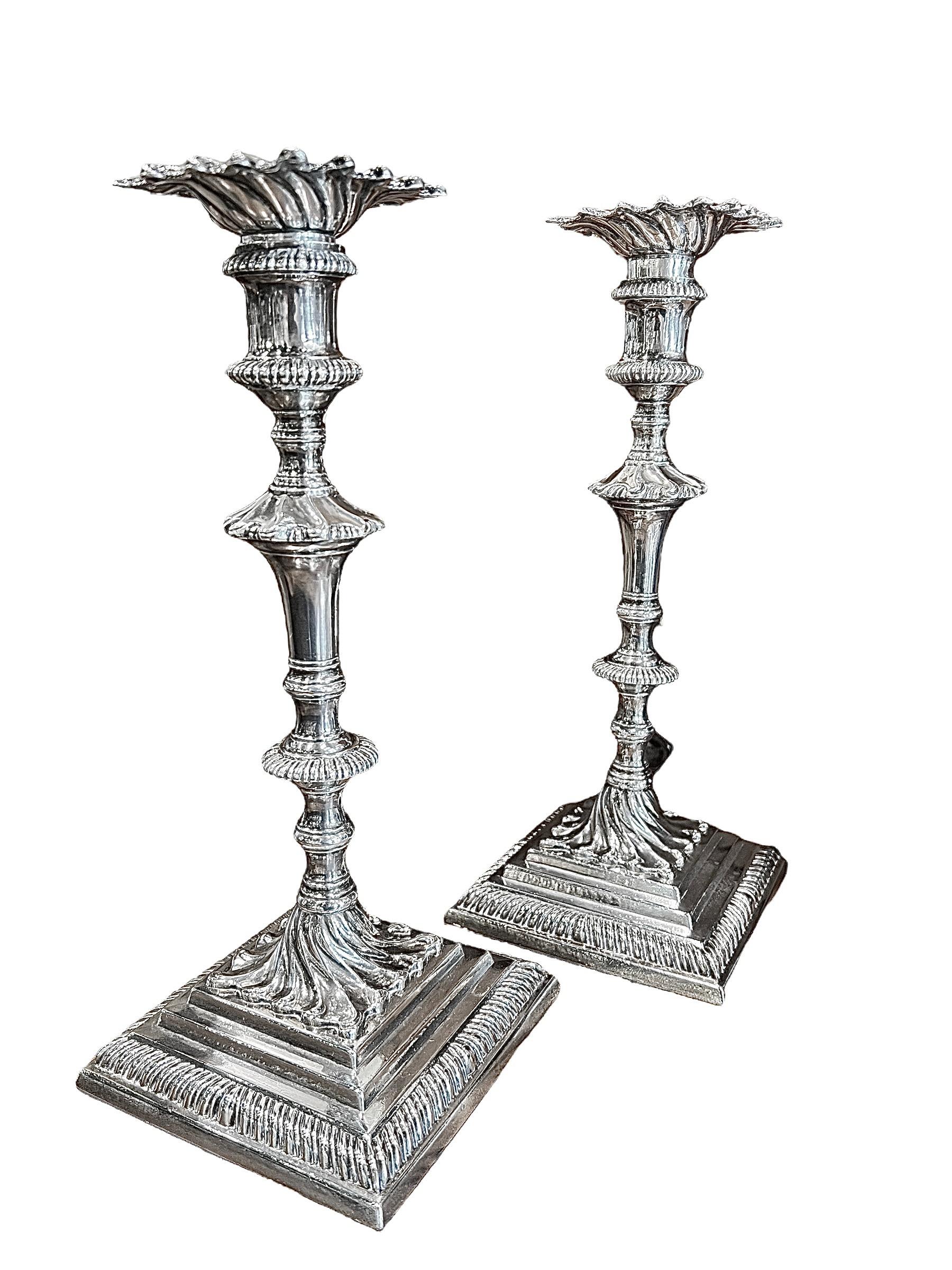 Hammered 1763 Pair of George III Sterling Silver Candlesticks by William Cafe, English For Sale