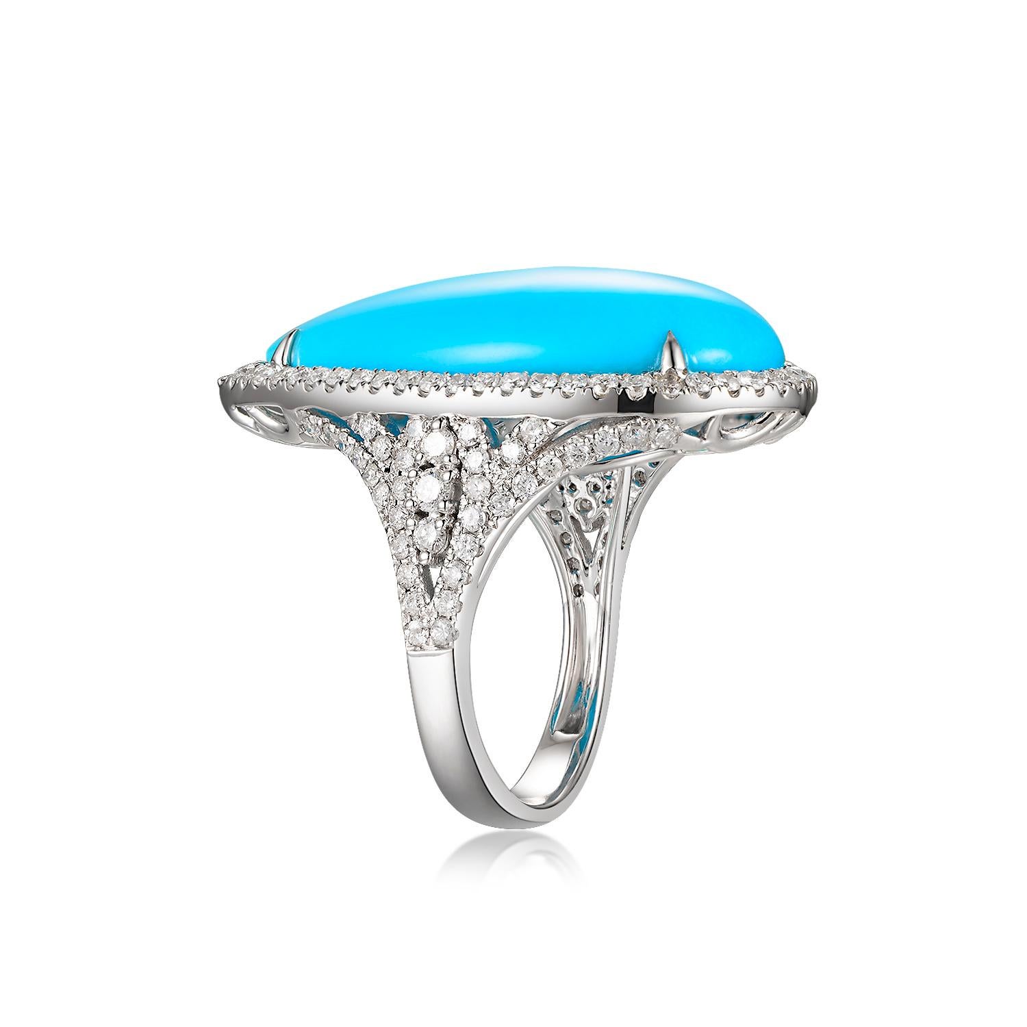 This ring features a pear cut sleeping beauty turquoise (14.9mm x 26.74mm) weight 17.64 carats in a single diamond. The diamond halo and the shoulder totaling 1.11 carat of round cut diamonds. All turquoise use in production are from the prominent