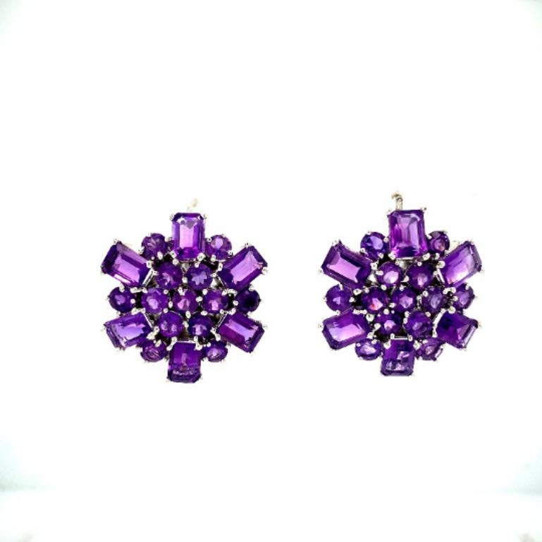 Art Deco 17.65 Carat Amethyst Big Cluster Stud Earrings in 925 Silver for Wedding Gift For Sale