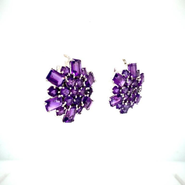 Mixed Cut 17.65 Carat Amethyst Big Cluster Stud Earrings in 925 Silver for Wedding Gift For Sale