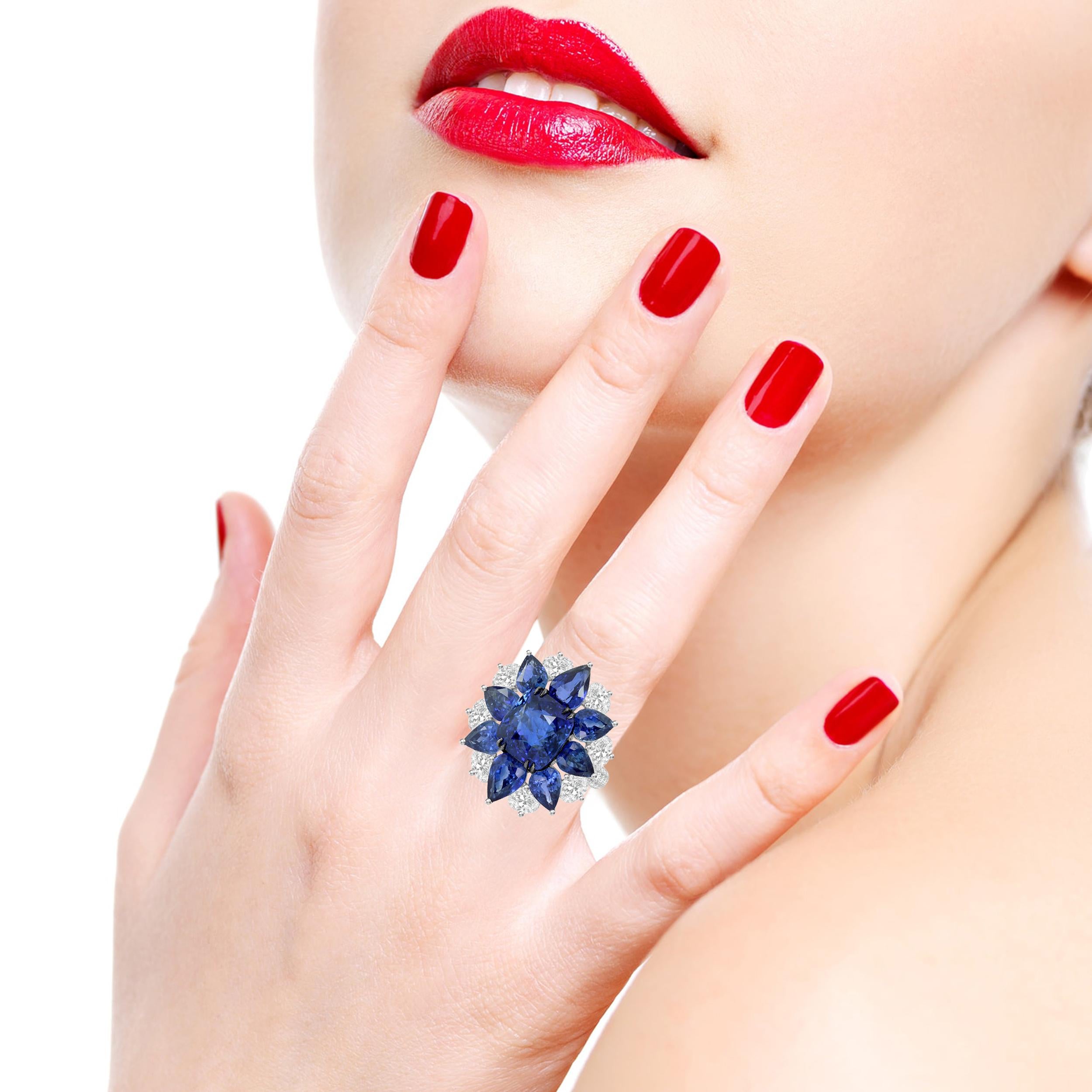Mixed Cut 17.66 Carat Blue Sapphire Diamond 18 Karat White Gold Ring