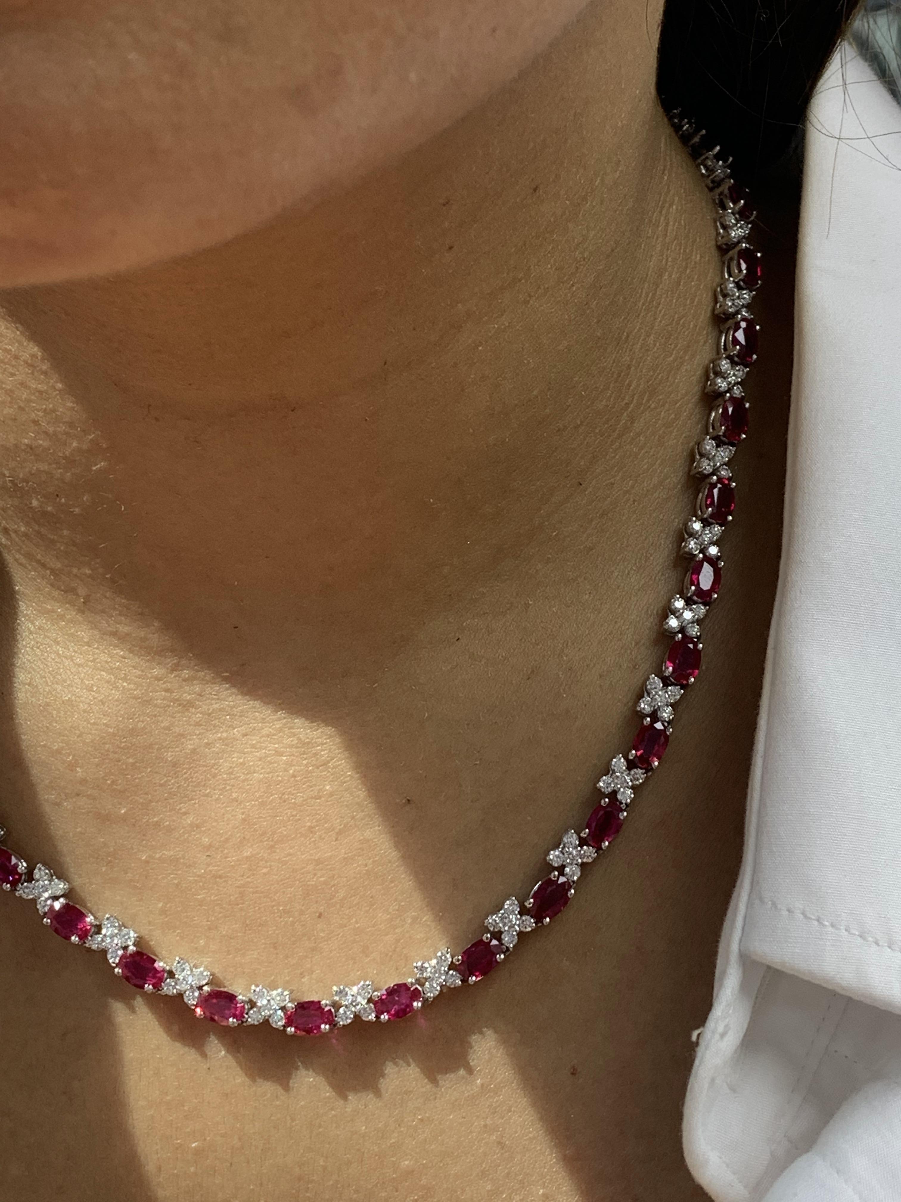17.68 Carat Oval Cut Ruby and Diamond Tennis Necklace in 14K White Gold 4
