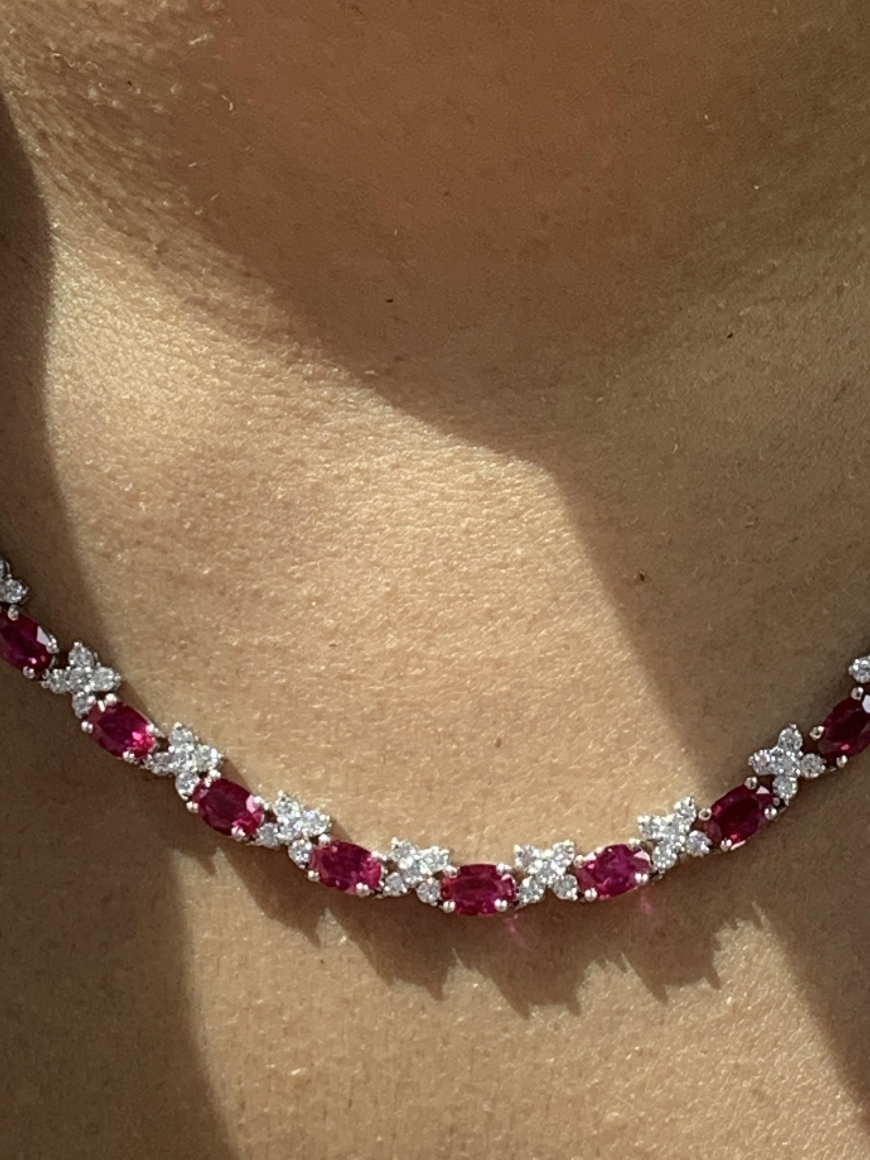 17.68 Carat Oval Cut Ruby and Diamond Tennis Necklace in 14K White Gold 6