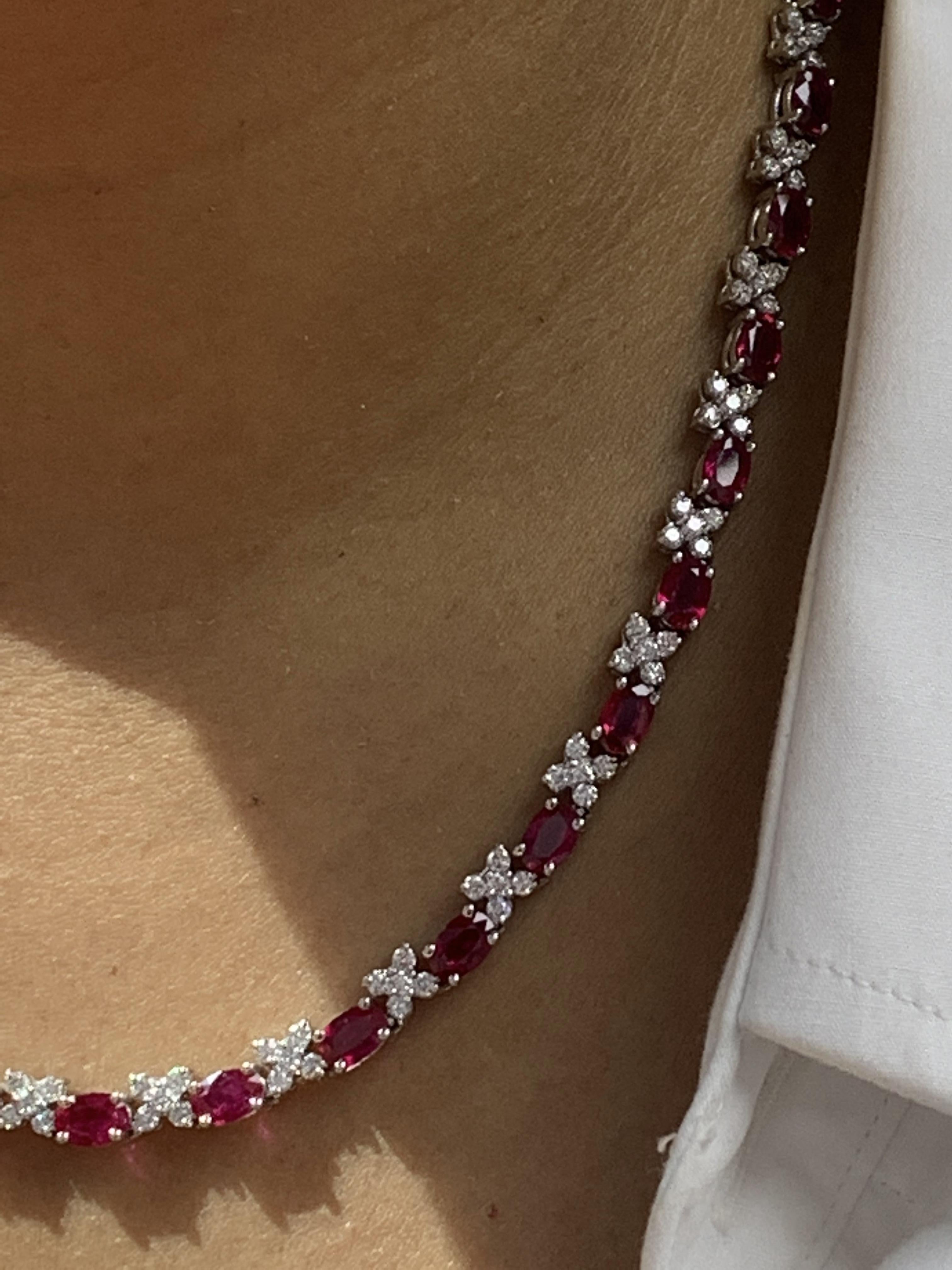 17.68 Carat Oval Cut Ruby and Diamond Tennis Necklace in 14K White Gold 8