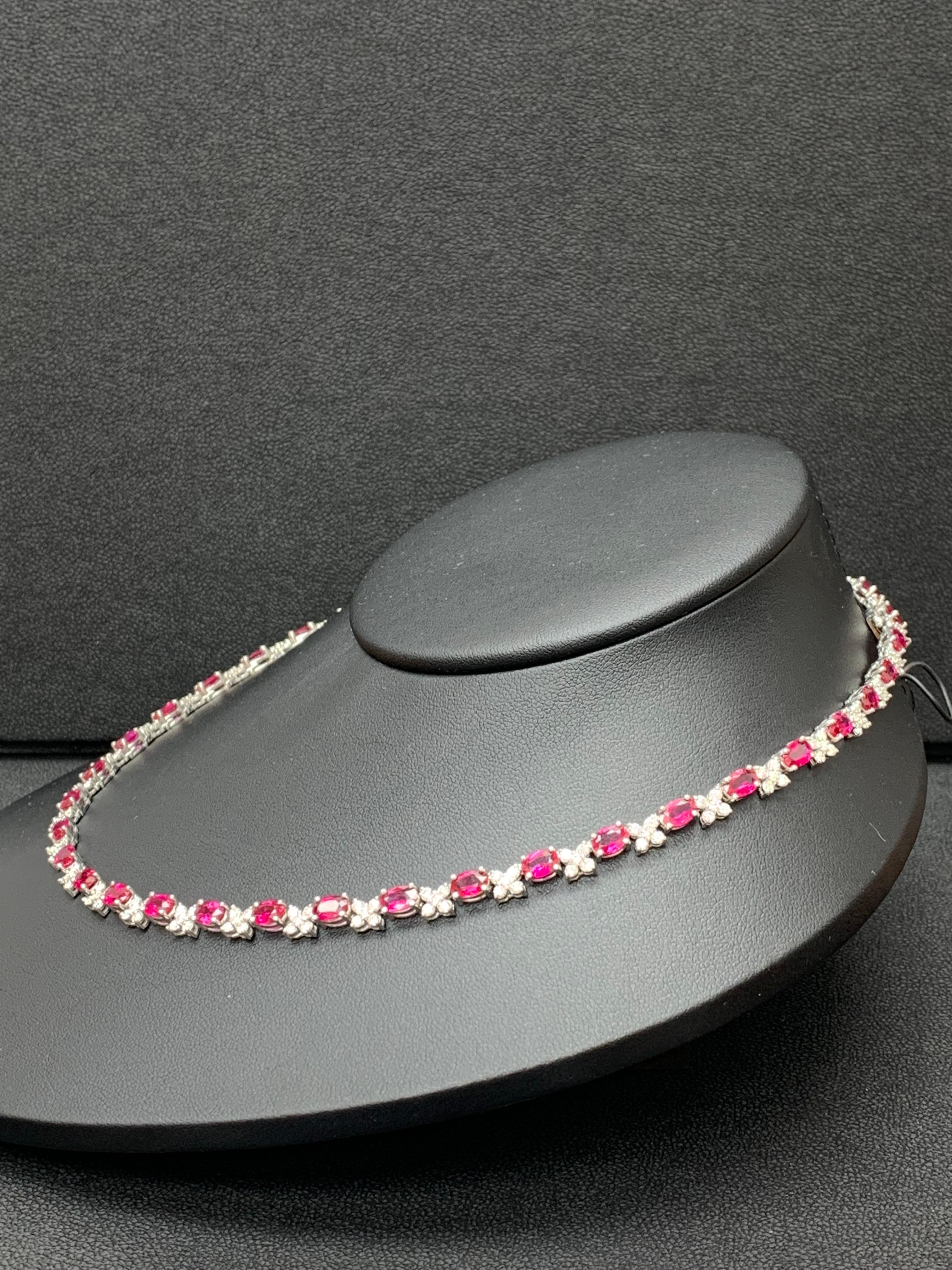 17.68 Carat Oval Cut Ruby and Diamond Tennis Necklace in 14K White Gold In New Condition In NEW YORK, NY