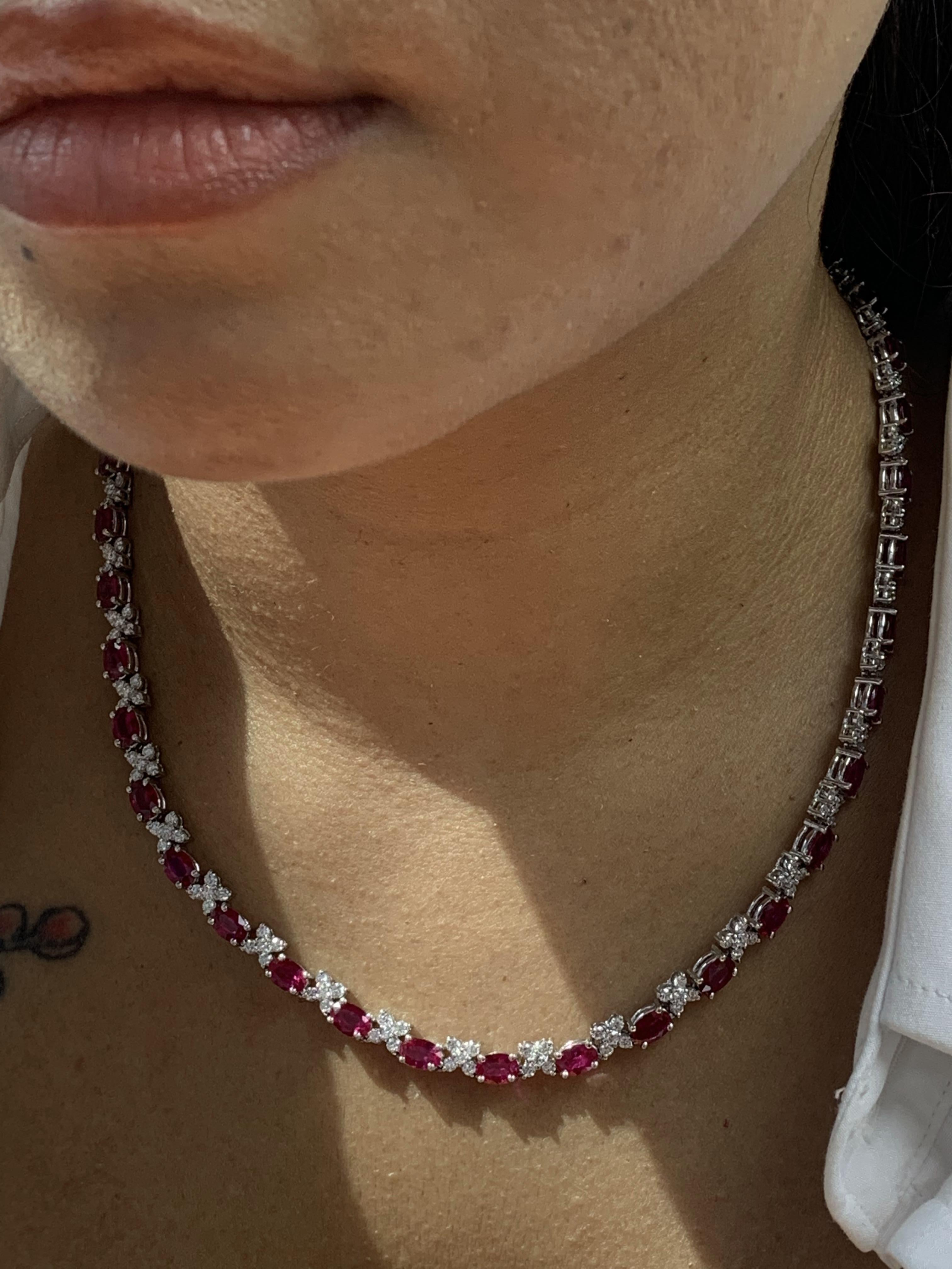 17.68 Carat Oval Cut Ruby and Diamond Tennis Necklace in 14K White Gold 3