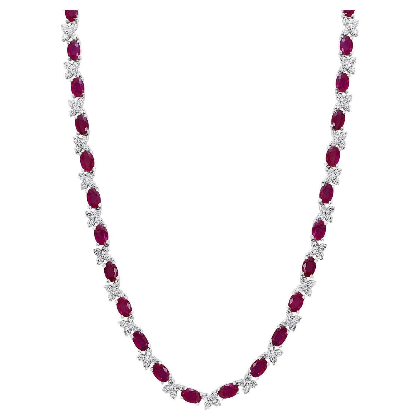 17.68 Carat Oval Cut Ruby and Diamond Tennis Necklace in 14K White Gold