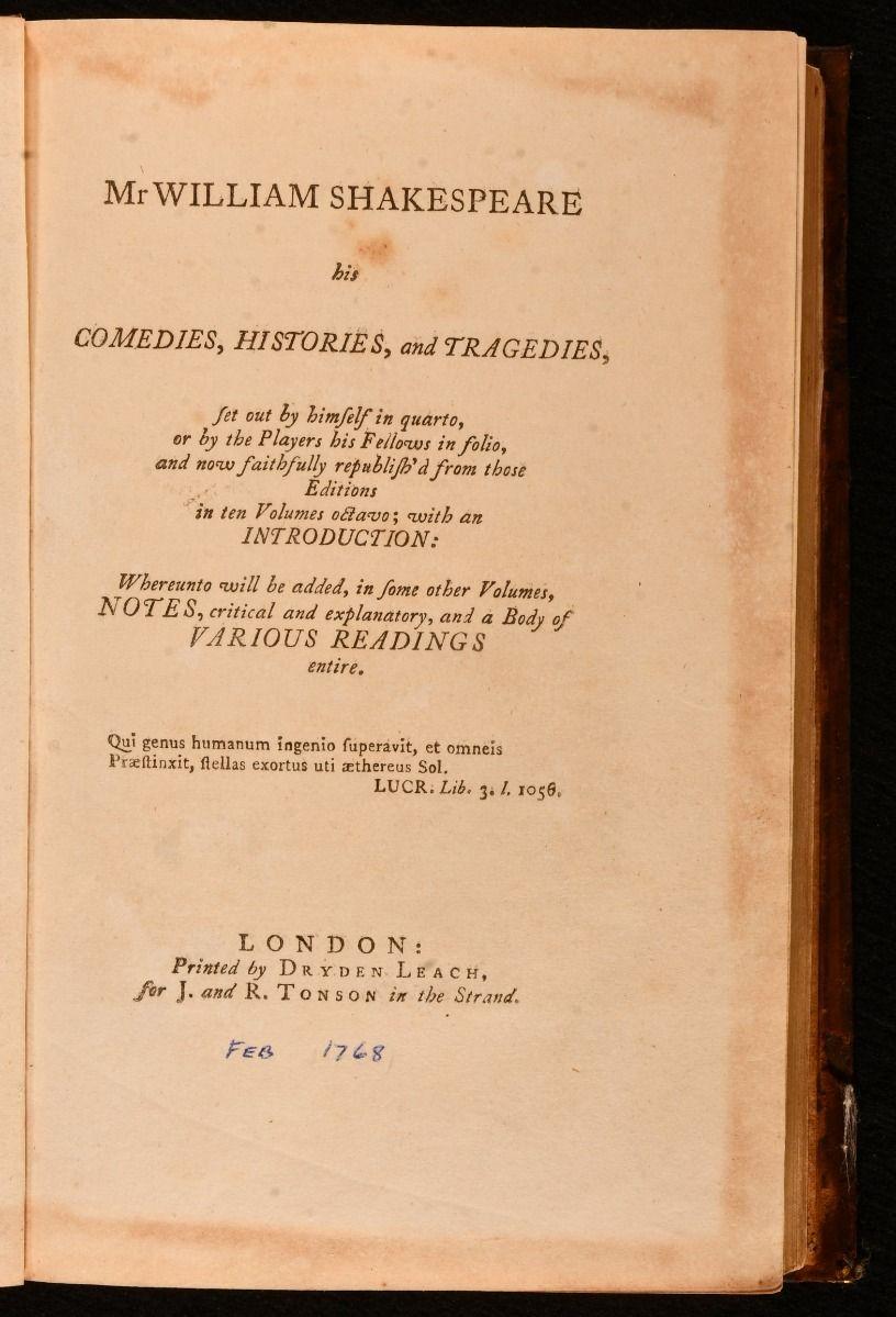 1768 Mr William Shakespeare, His Comedies, Histories, and Tragedies. The Works o In Good Condition In Bath, GB