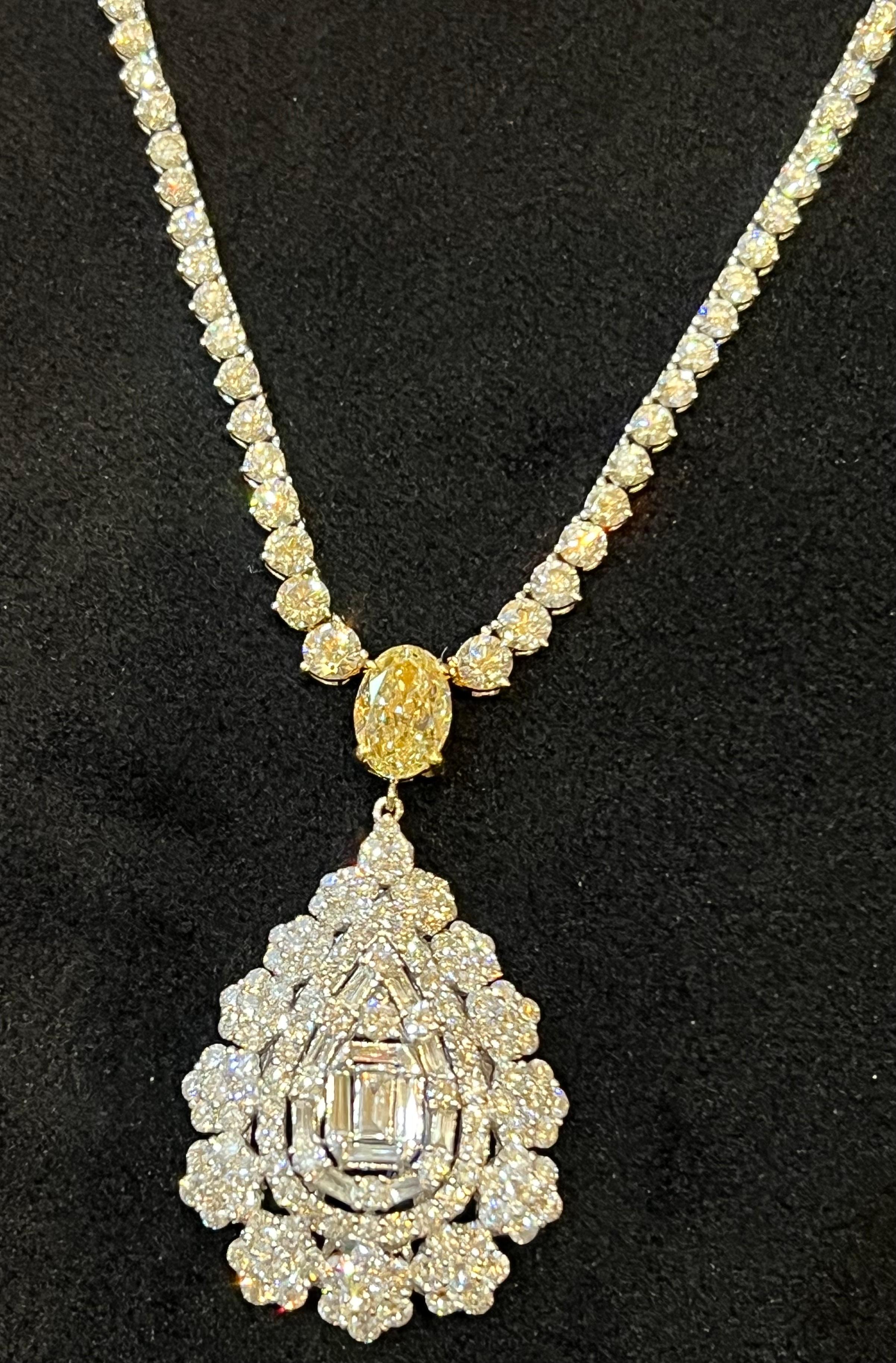 Artisan  17.69 Carat Diamond Necklace with Fancy Yellow Oval Diamond and Pear Cluster