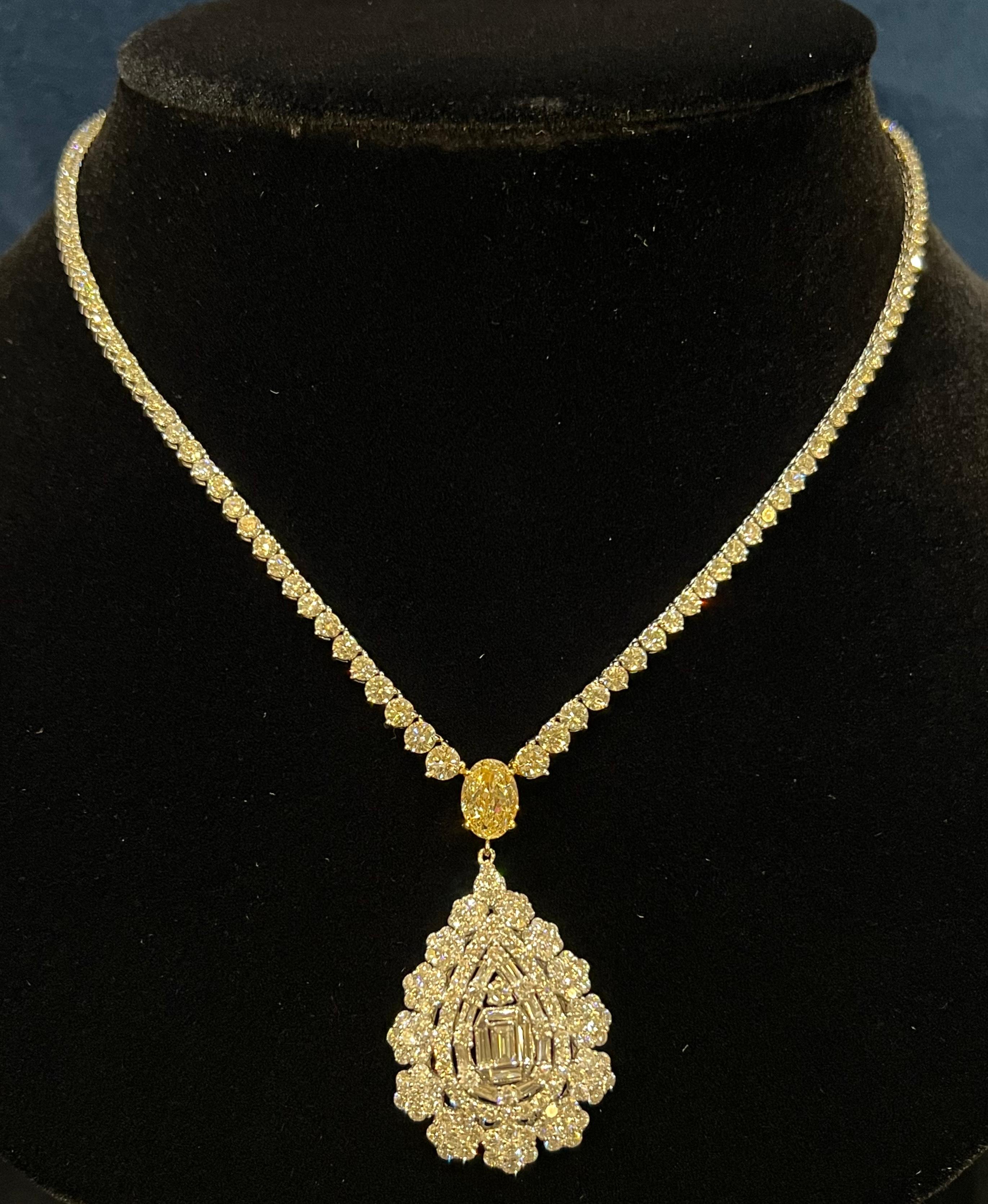  17.69 Carat Diamond Necklace with Fancy Yellow Oval Diamond and Pear Cluster
