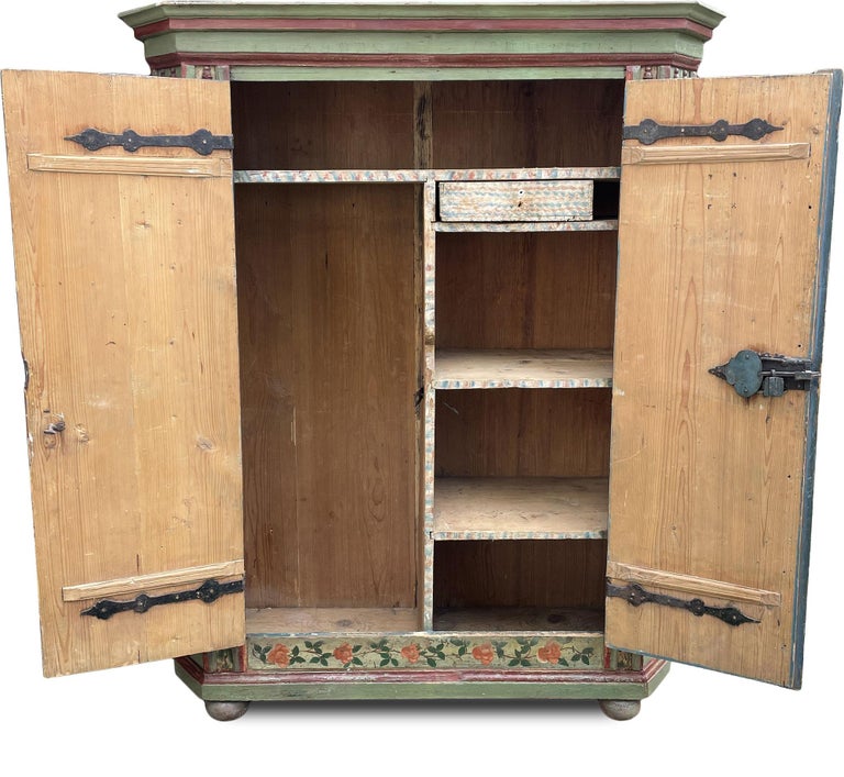 1769 Green Floral Painted Wardrobe, Central Europe For Sale 3