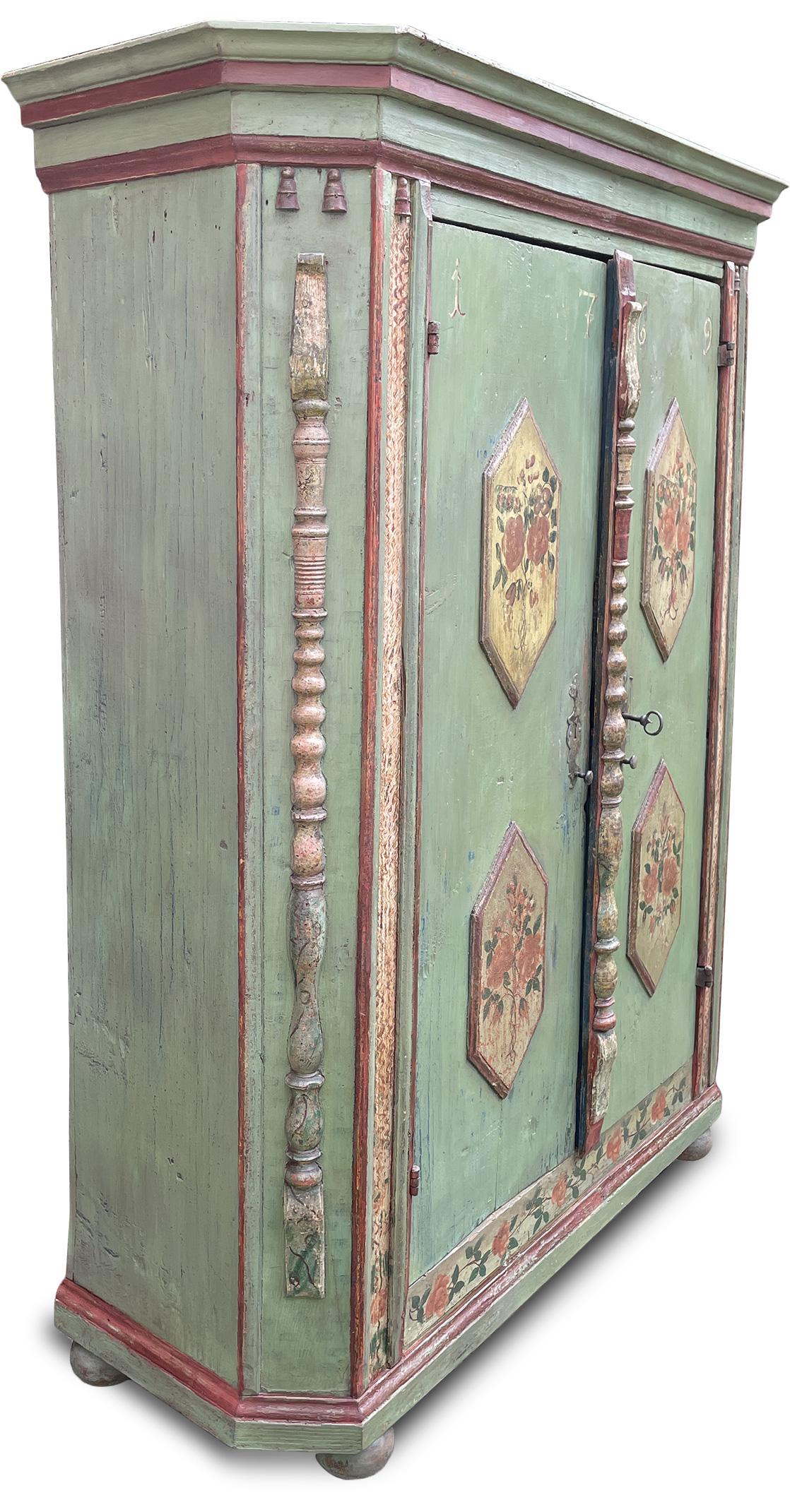 1769 Green Floral Painted Wardrobe, Central Europe 6