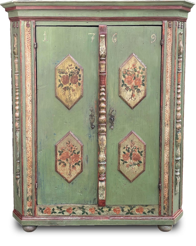 Folk Art 1769 Green Floral Painted Wardrobe, Central Europe For Sale