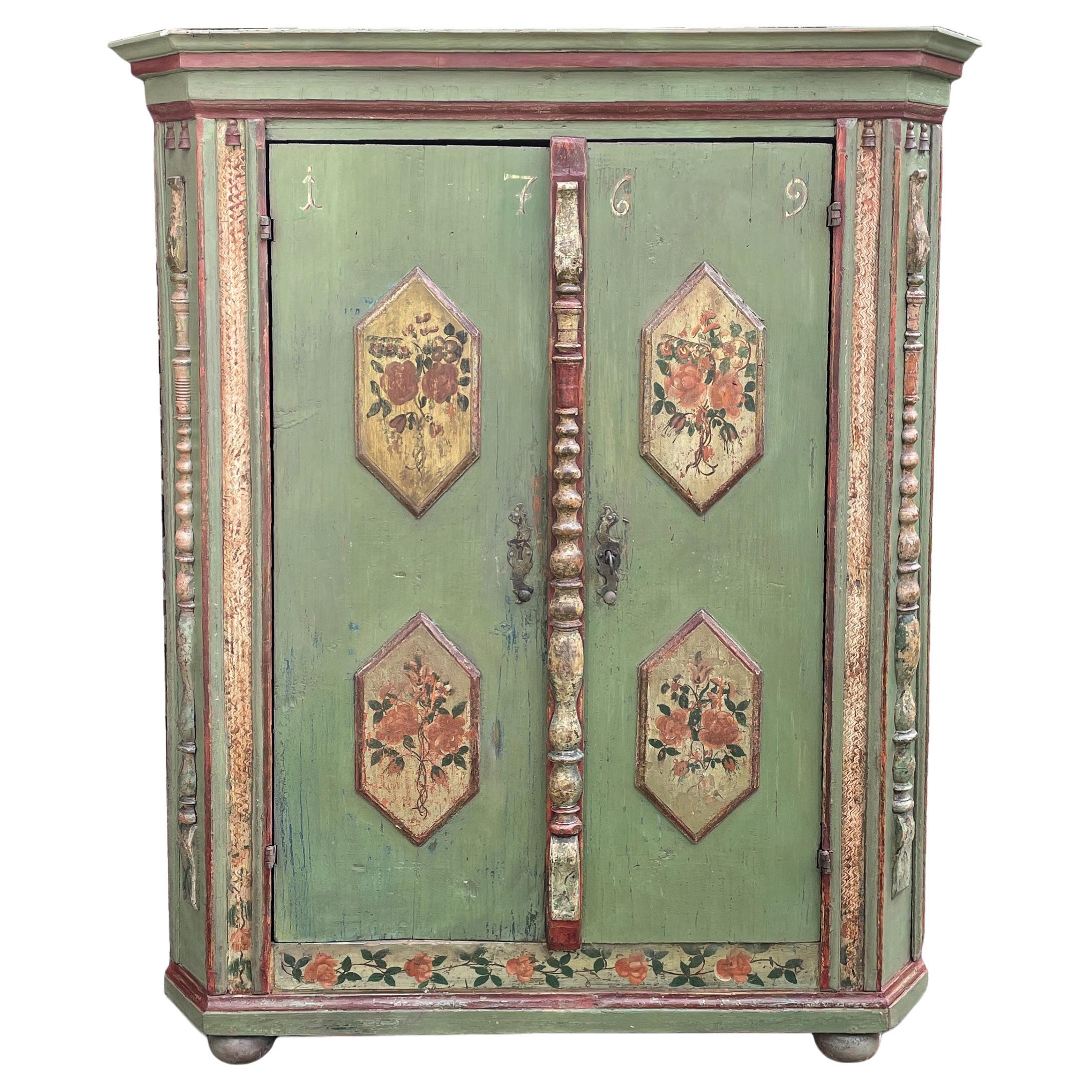 1769 Green Floral Painted Wardrobe, Central Europe