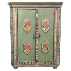 1769 Green Floral Painted Wardrobe, Central Europe