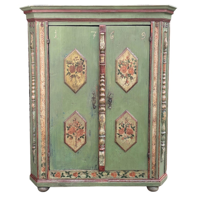1769 Green Floral Painted Wardrobe, Central Europe For Sale