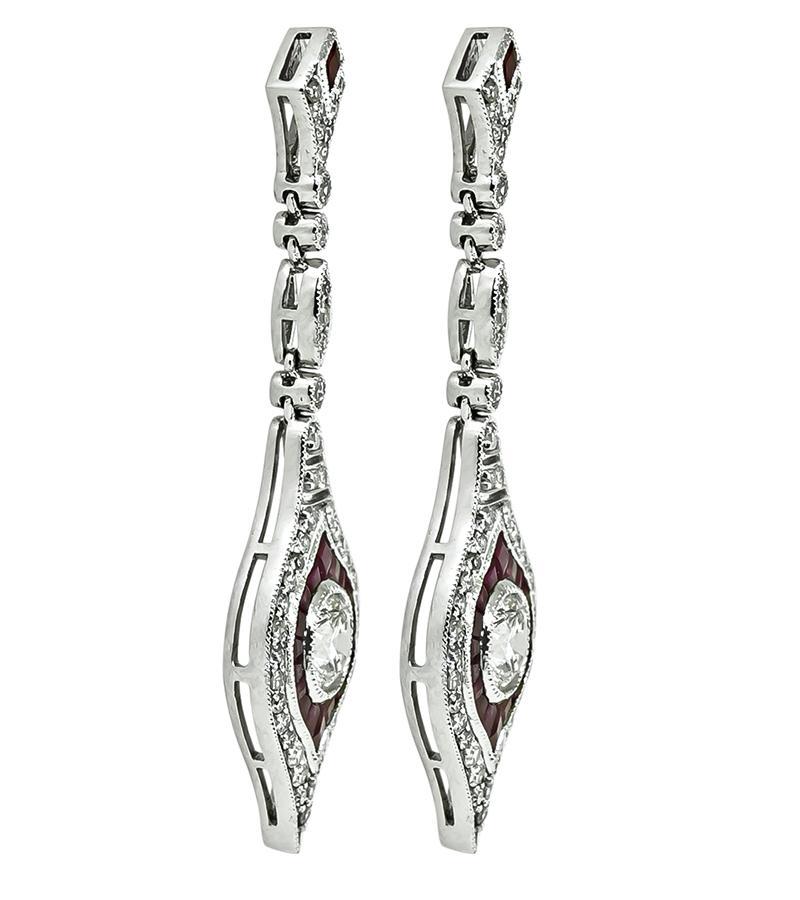 1.76 Karat Diamant 1,33 Karat Rubin baumelnde Ohrringe (Art déco) im Angebot