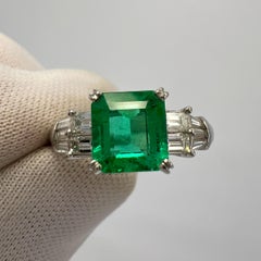 1.76ct Fine Green Colombian Square Emerald & Baguette Diamond Platinum Ring