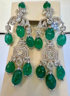 176CT Large Bead Emerald & 27 Ct Diamond Necklace & Earring Bridal Suite 18 Kt