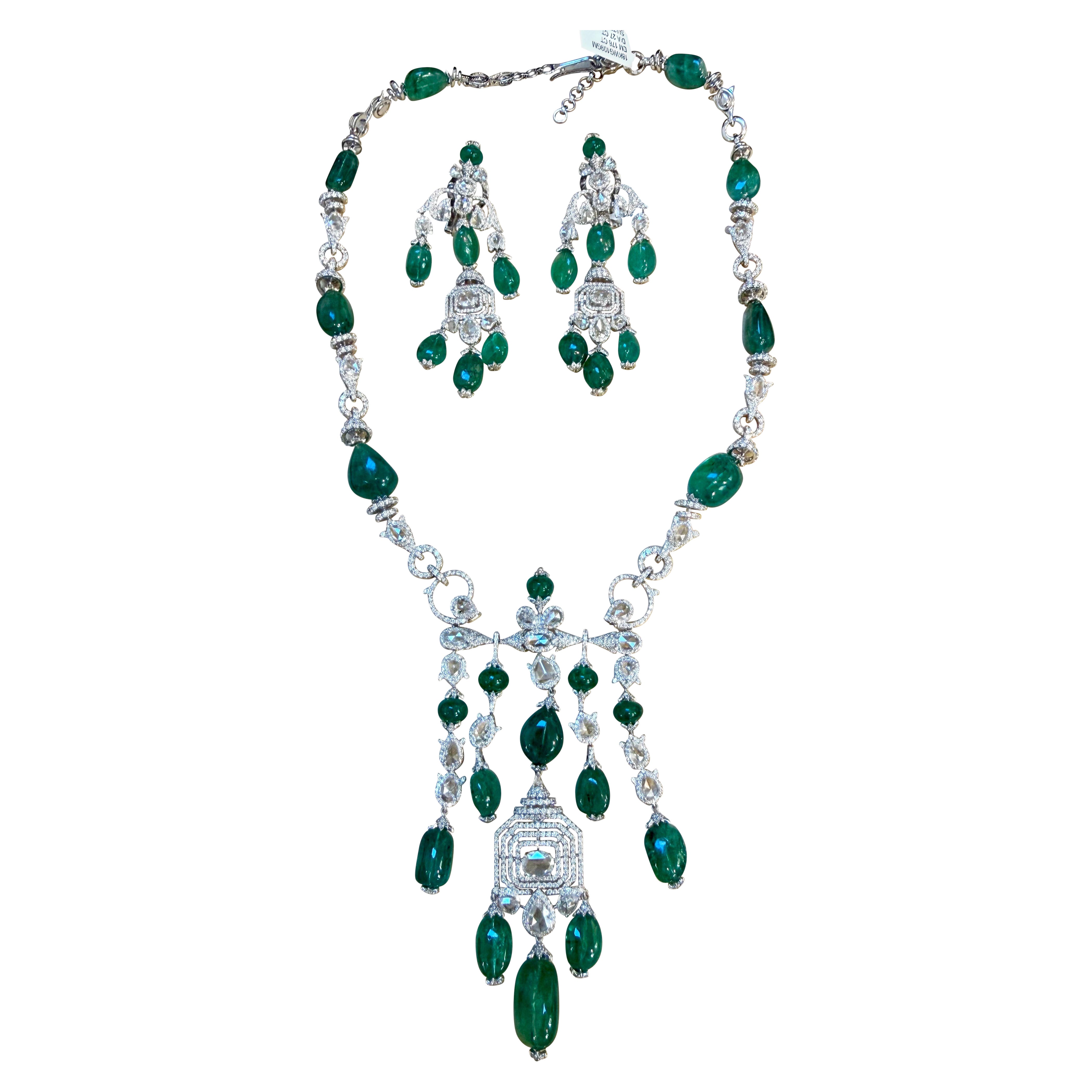 176CT Large Bead Emerald & 27 Ct Diamond Necklace & Earring Bridal Suite 18 Kt