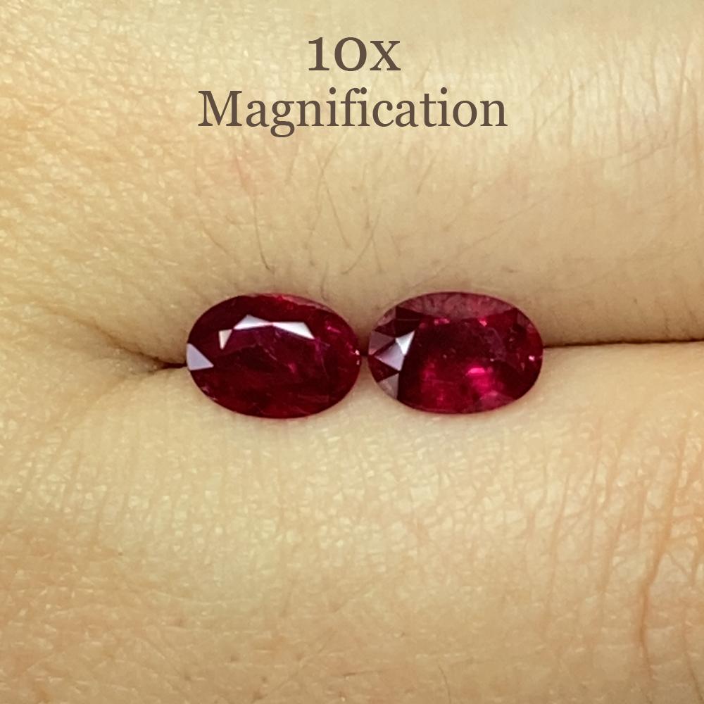 Description:

Gem Type: Ruby
Number of Stones: 2
Weight: 1.76 cts (0.99ct and 0.77ct)
Measurements: 7.01 x 4.93 x 3.12 mm and 7.01 x 5.04 x 2.33 mm
Shape: Oval
Cutting Style Crown: Brilliant Cut
Cutting Style Pavilion: Step Cut
Transparency:
