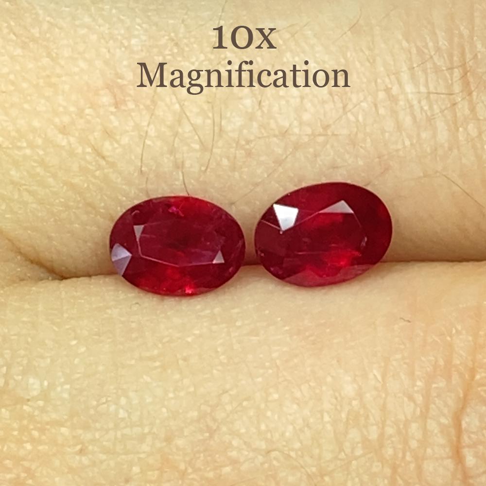 Description:

Gem Type: Ruby
Number of Stones: 2
Weight: 1.76 cts (0.79ct and 0.97ct)
Measurements: 6.84 x 5.12 x 2.68 mm and 7.01 x 5.14 x 2.99 mm
Shape: Oval
Cutting Style Crown: Brilliant Cut
Cutting Style Pavilion: Step Cut
Transparency: