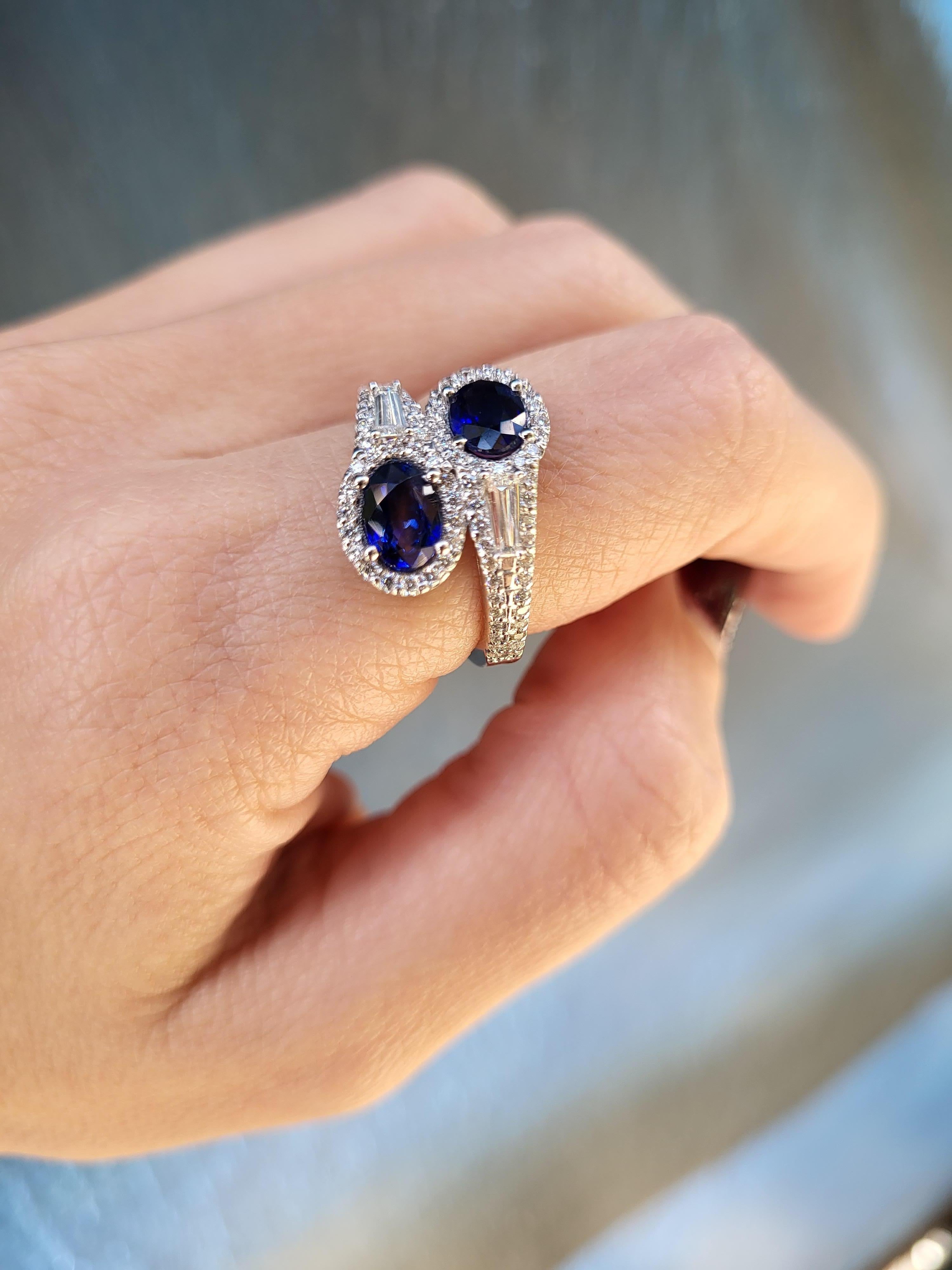 1.76ctw Blue Sapphire & 0.88ctw Diamond 14k White Gold Bypass Ring For Sale 5