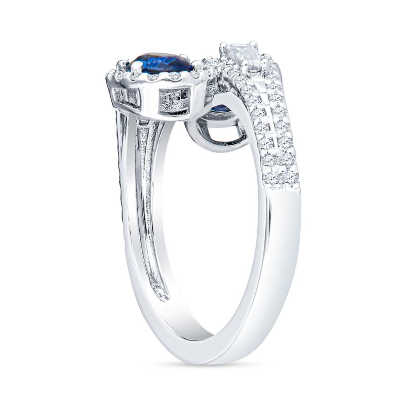 Oval Cut 1.76ctw Blue Sapphire & 0.88ctw Diamond 14k White Gold Bypass Ring For Sale