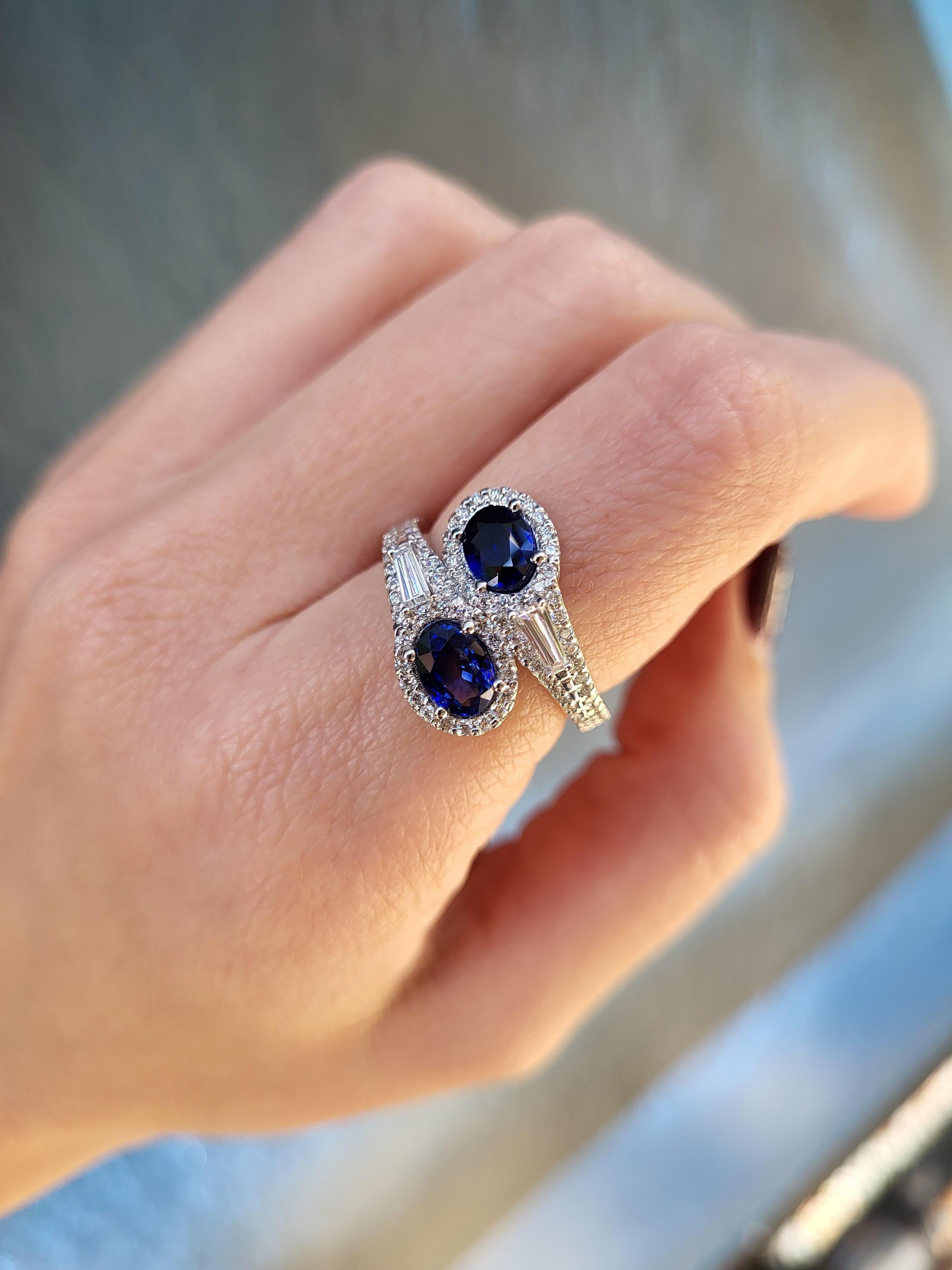 1.76ctw Blue Sapphire & 0.88ctw Diamond 14k White Gold Bypass Ring For Sale 1
