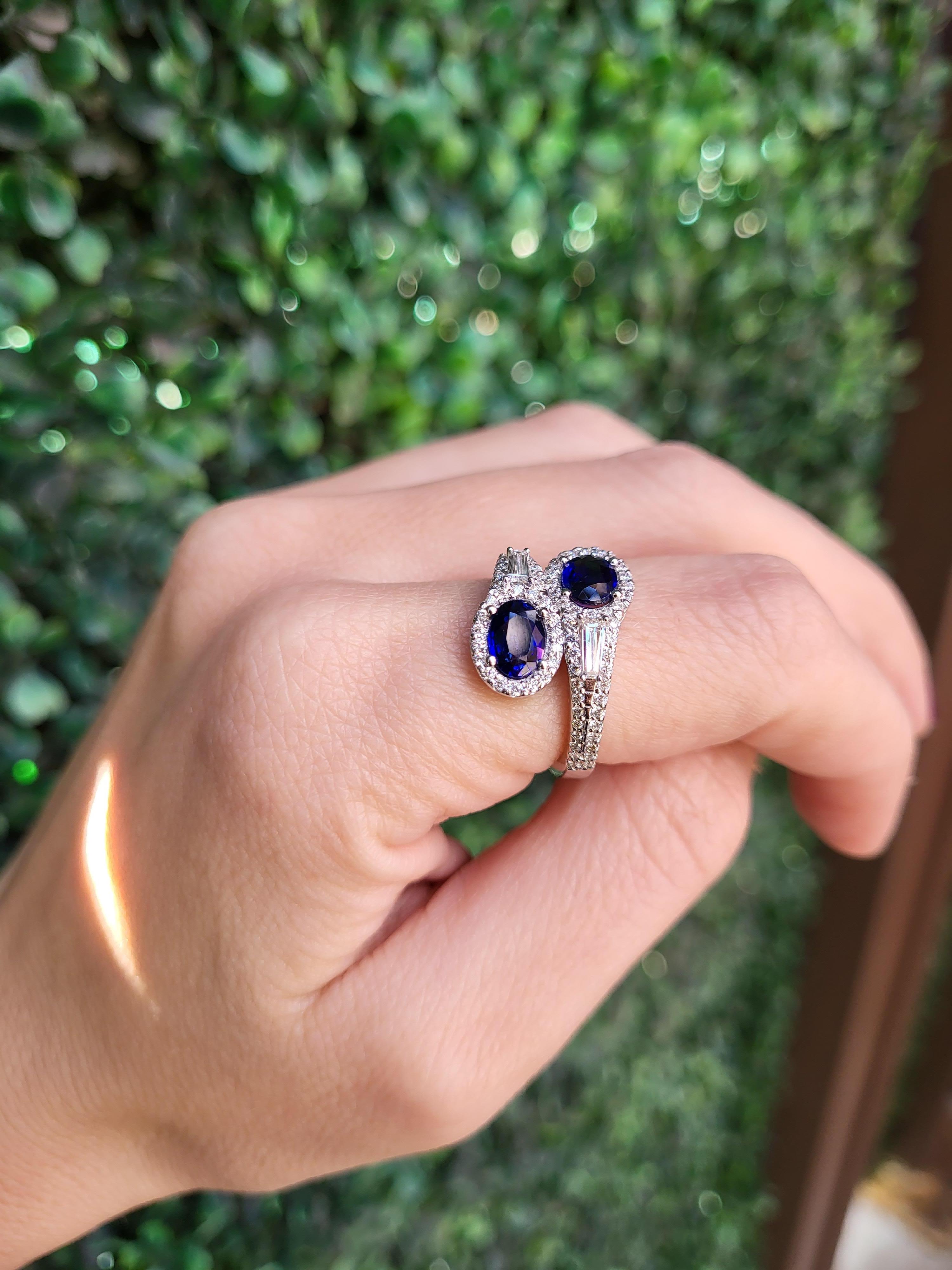 1.76ctw Blue Sapphire & 0.88ctw Diamond 14k White Gold Bypass Ring For Sale 2
