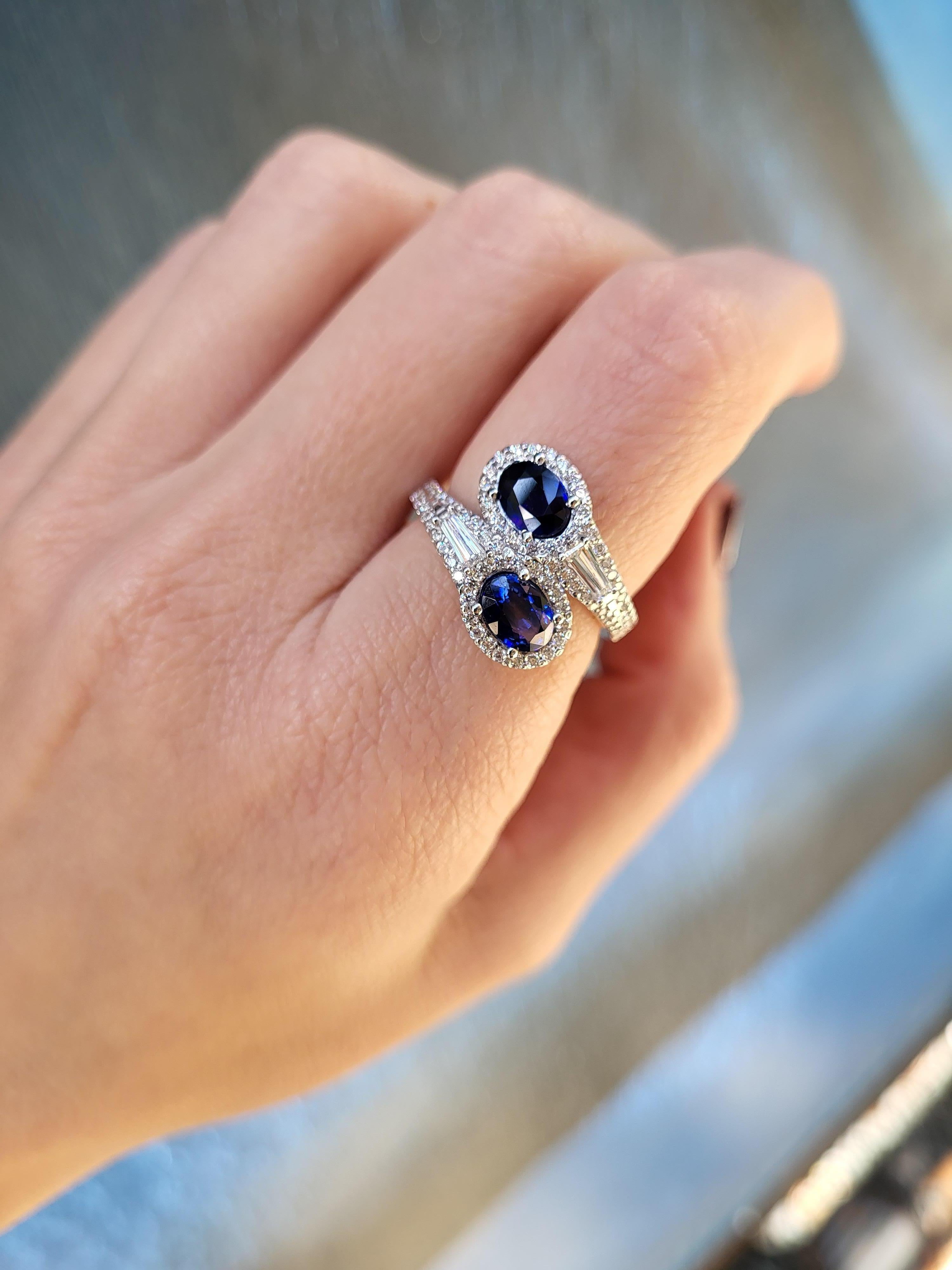 1.76ctw Blue Sapphire & 0.88ctw Diamond 14k White Gold Bypass Ring For Sale 3