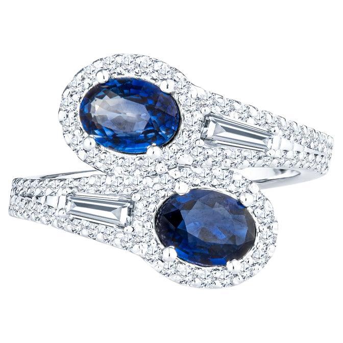 1.76ctw Blue Sapphire & 0.88ctw Diamond 14k White Gold Bypass Ring For Sale