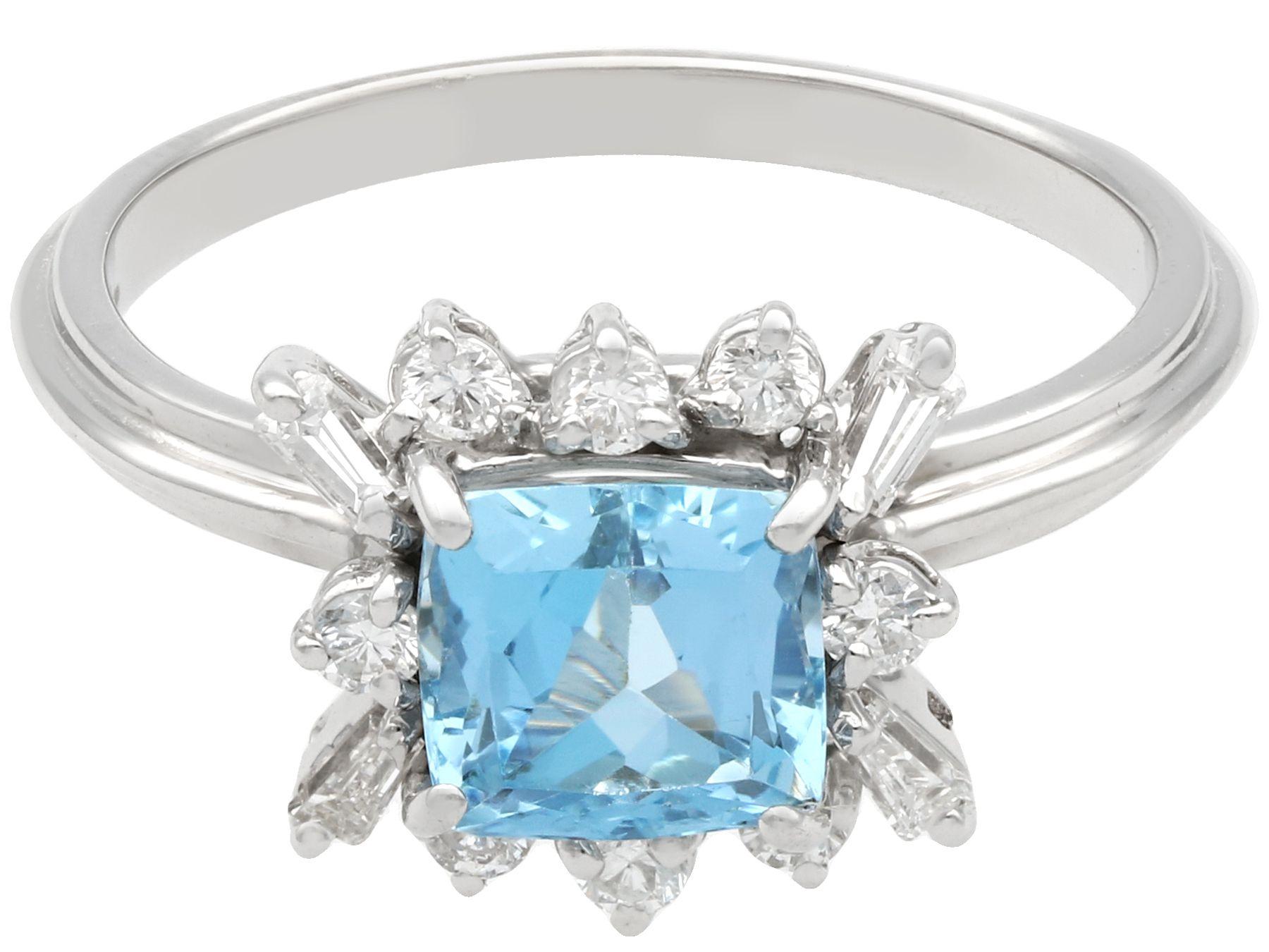 Round Cut Vintage 1.77 Carat Aquamarine and Diamond White Gold Cocktail Ring For Sale