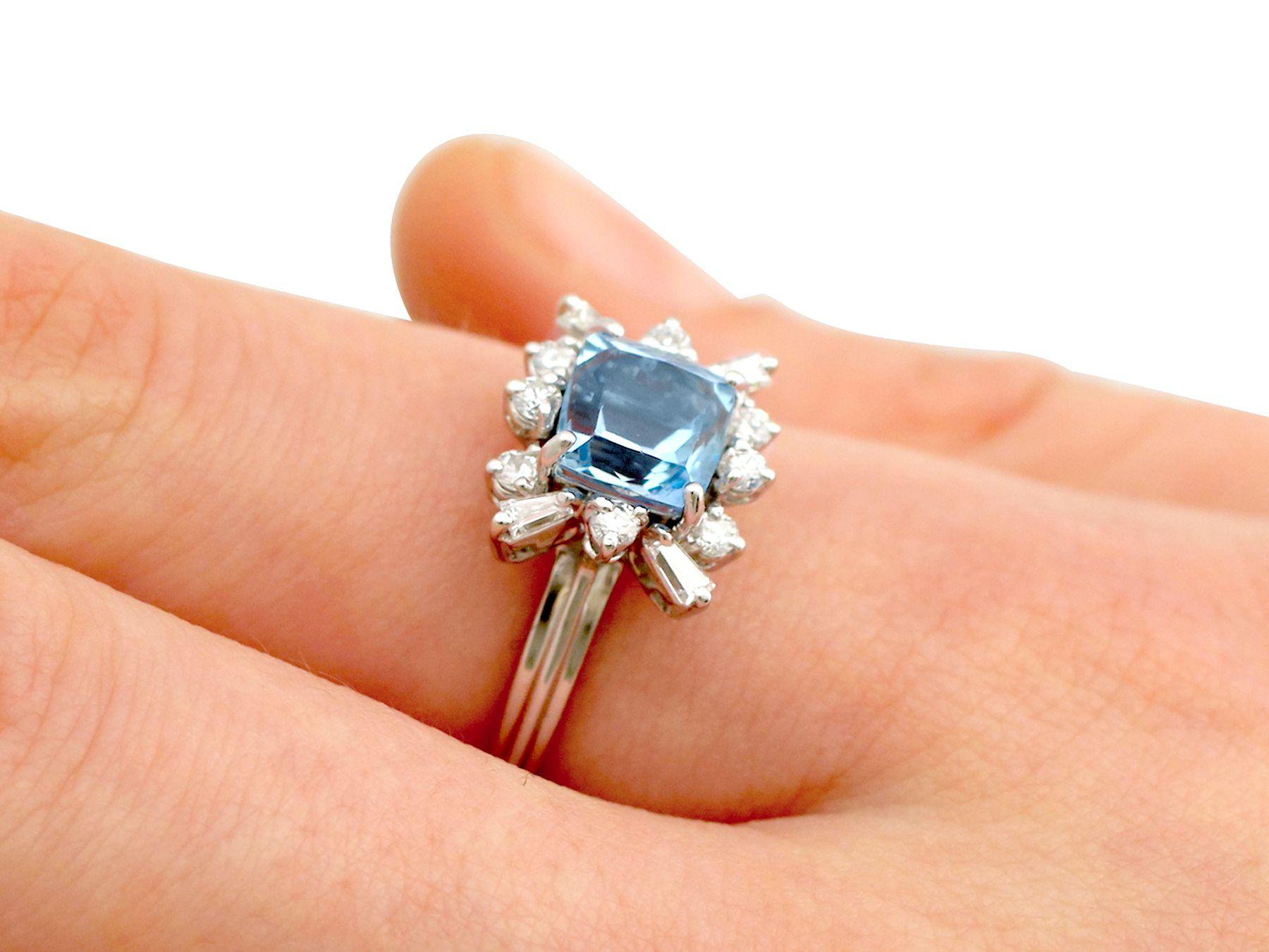 Vintage 1.77 Carat Aquamarine and Diamond White Gold Cocktail Ring For Sale 1