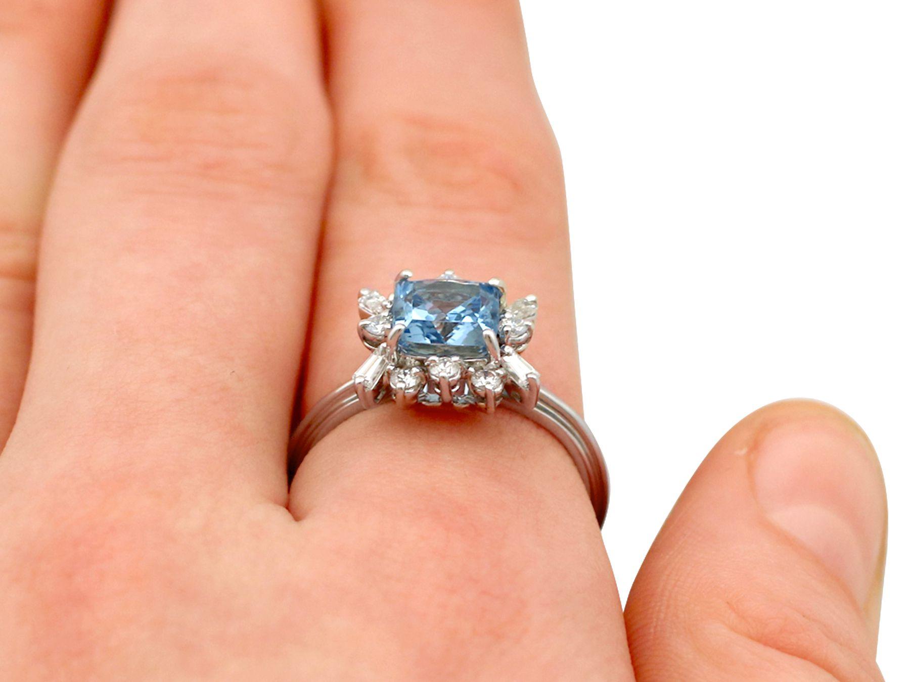 Vintage 1.77 Carat Aquamarine and Diamond White Gold Cocktail Ring For Sale 2