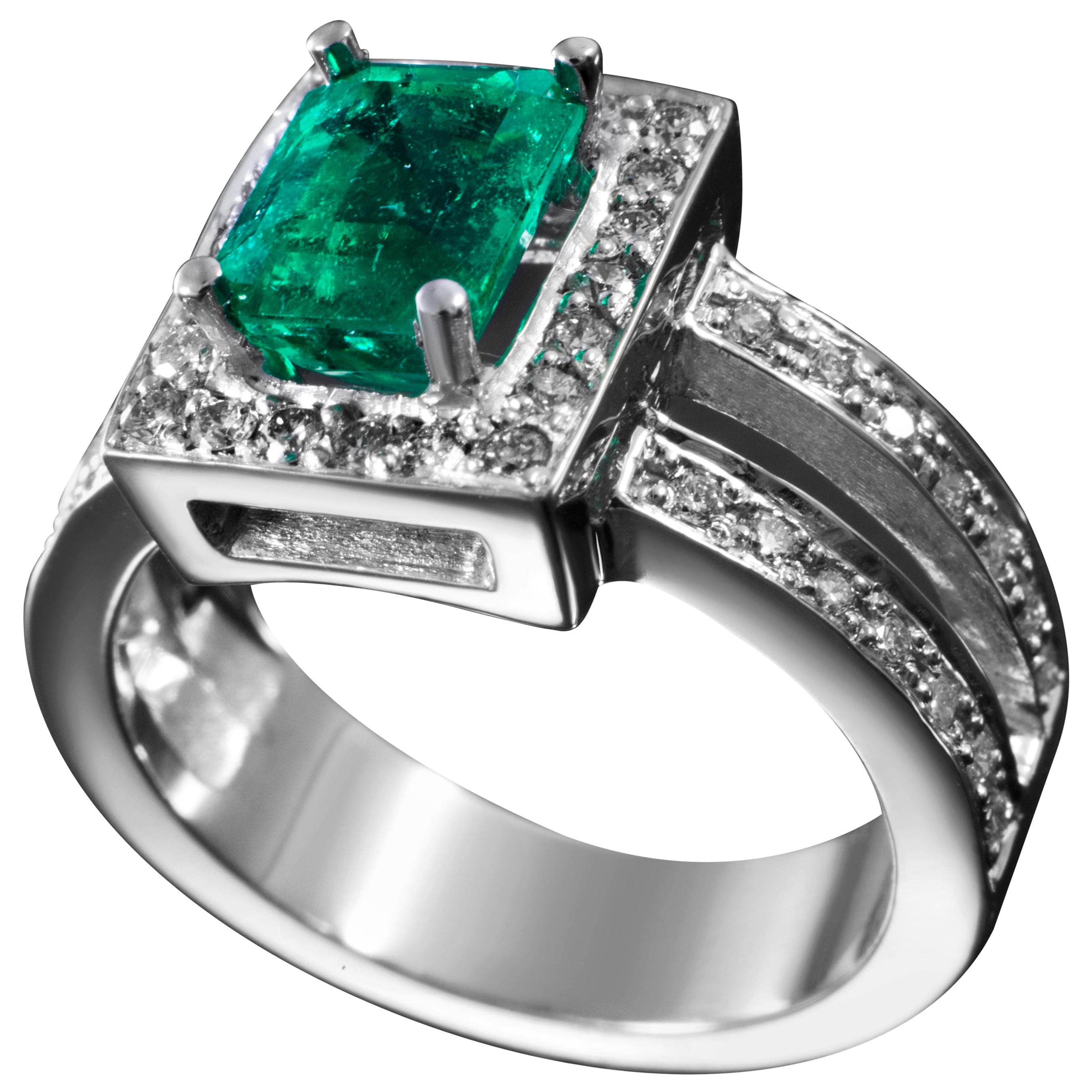 1.77 Carat Colombian Emerald and Diamond Ring For Sale