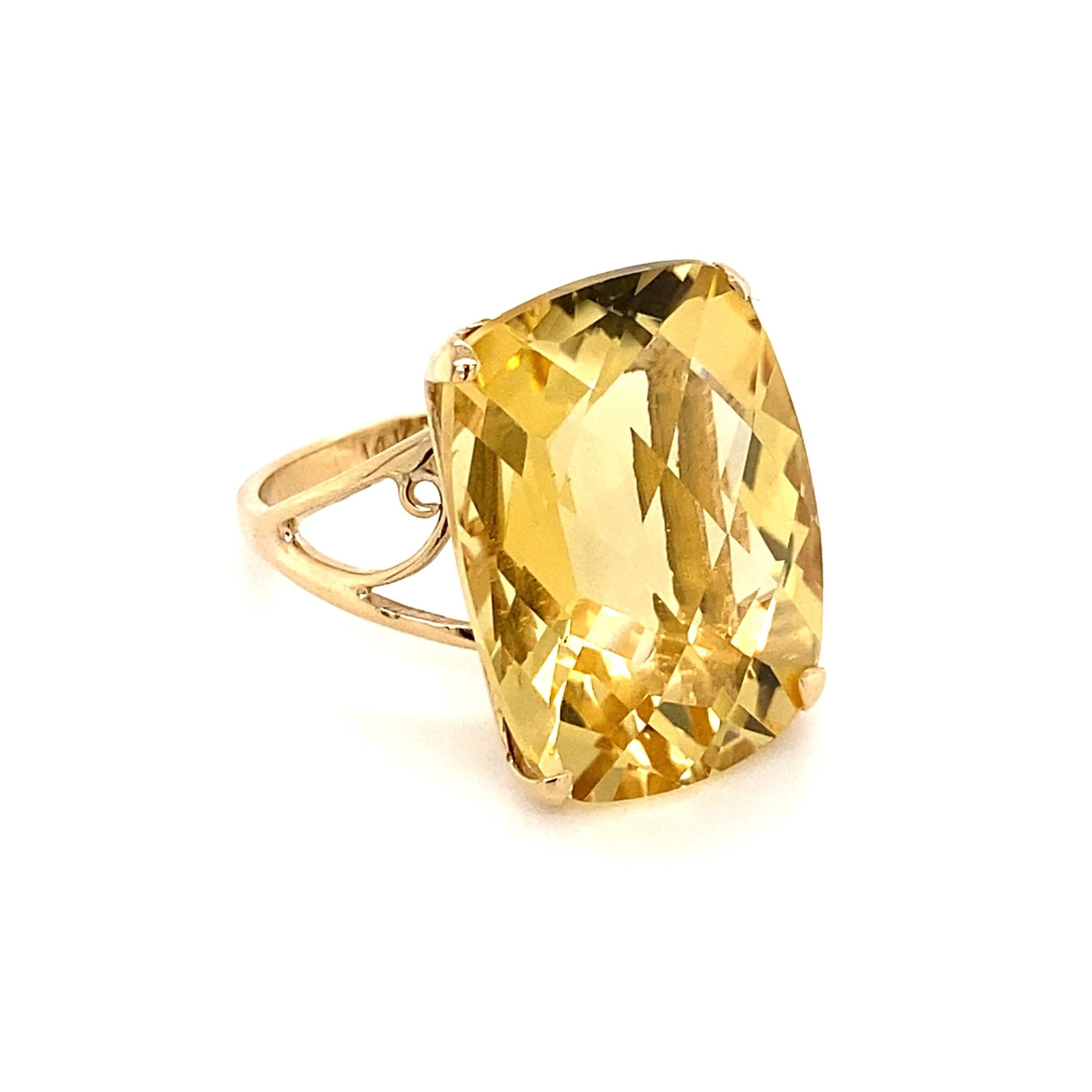 Beautiful! Citrine Solitaire Cocktail Ring, securely set with a Cushion-cut Citrine, weighing approx. 7.77 Carat. Hand crafted in 14K Yellow Gold Split Shank mounting. Measuring approx. 1.11”L x 0.78”W x 0.79”H. Ring size 7.5, we offer ring