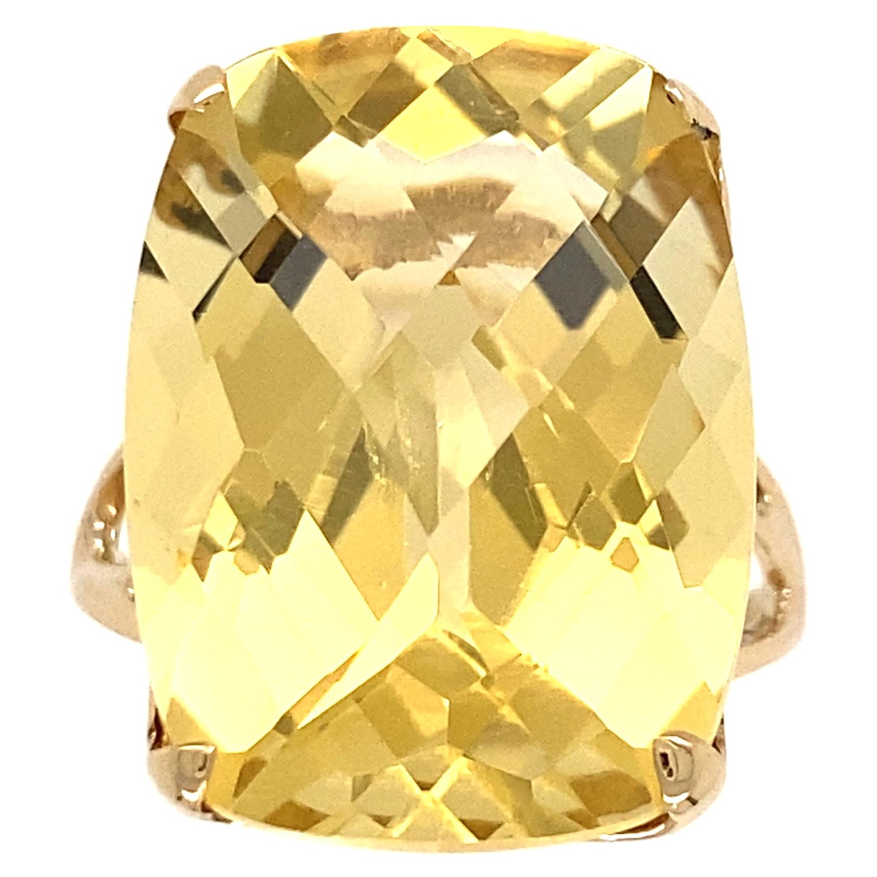 17.7 Carat Cushion Citrine Gold Split Shank Solitaire Cocktail Ring