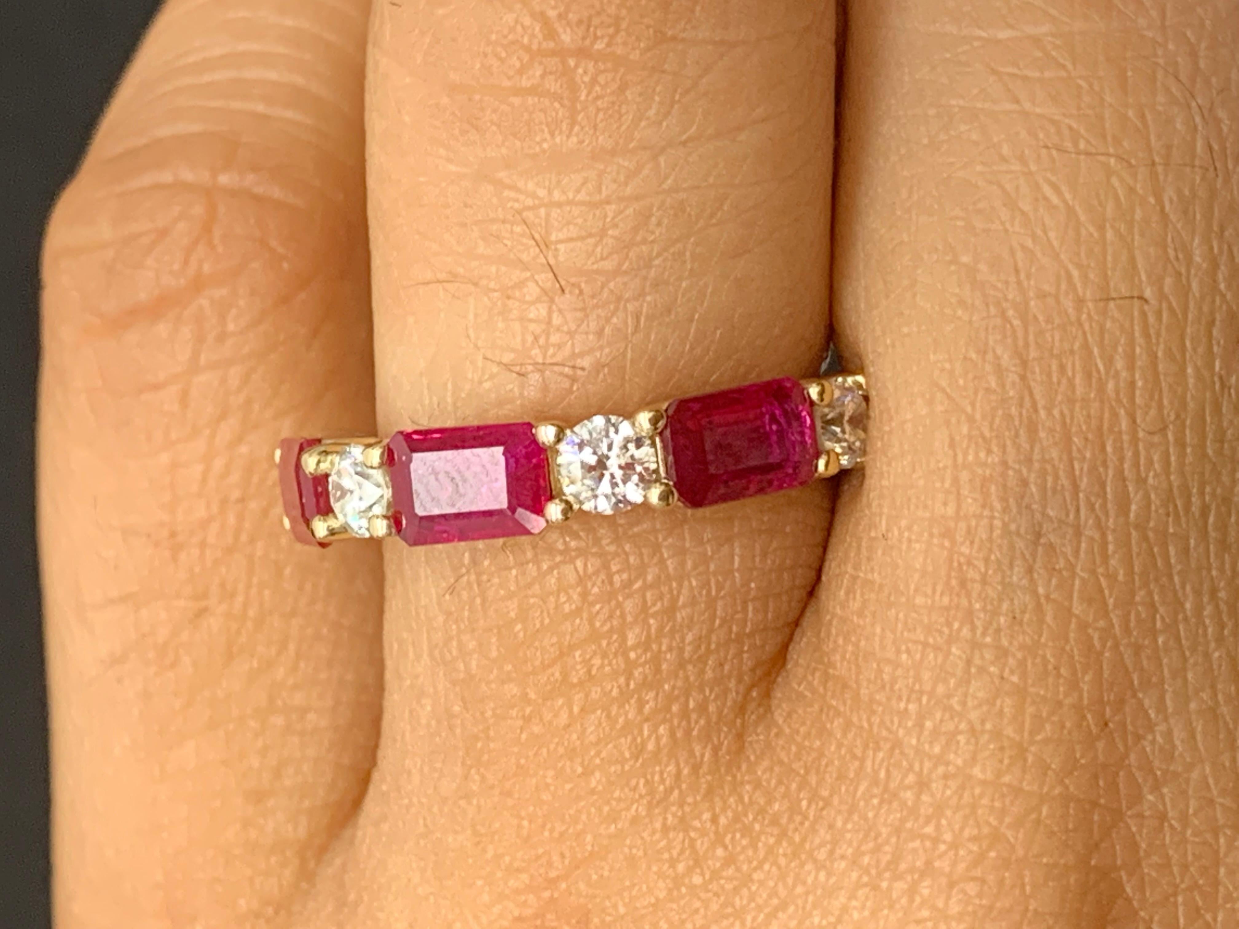1.77 Carat Emerald Cut Ruby and Diamond Band in 14K Yellow Gold For Sale 5