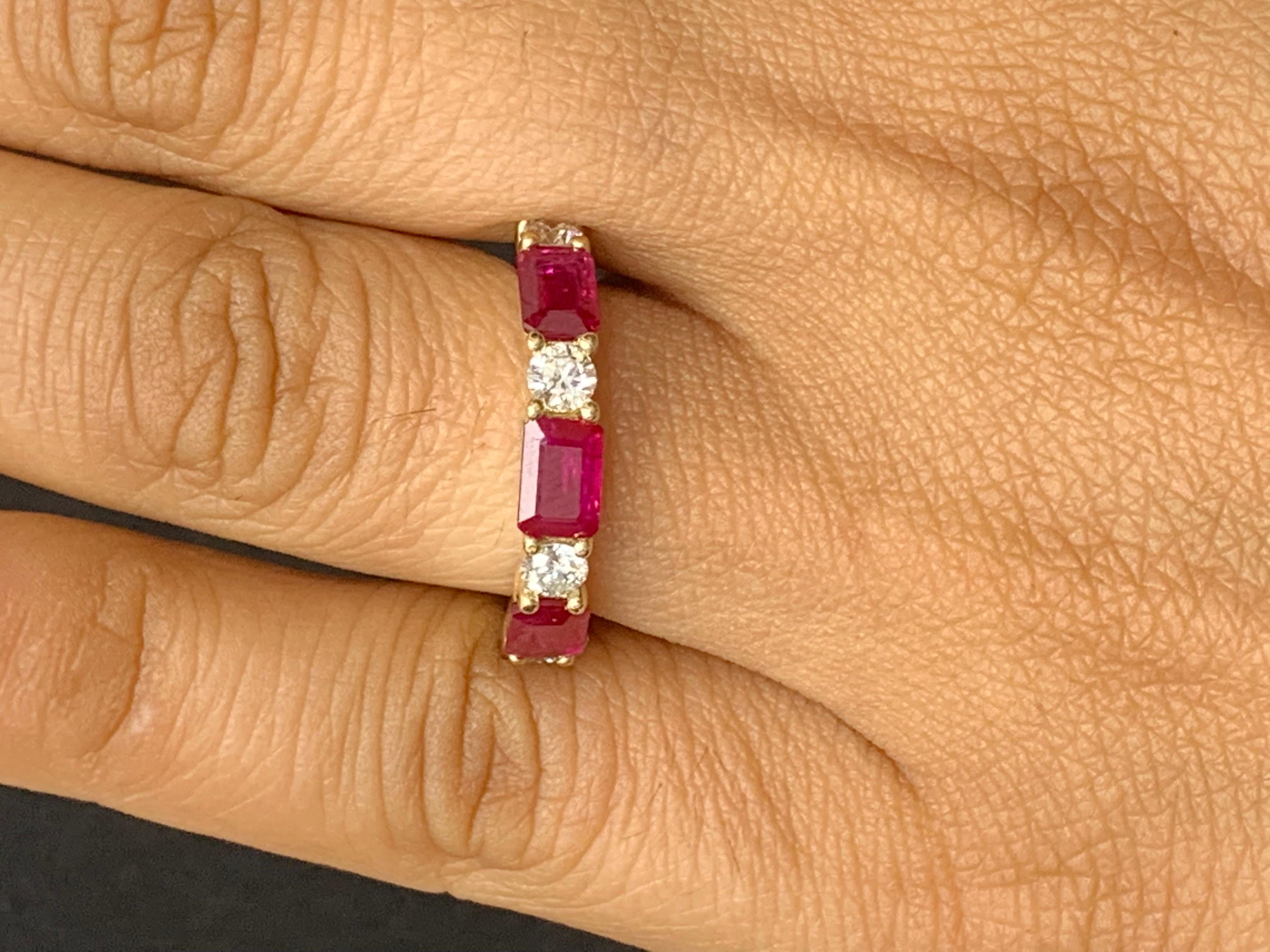 1.77 Carat Emerald Cut Ruby and Diamond Band in 14K Yellow Gold For Sale 1