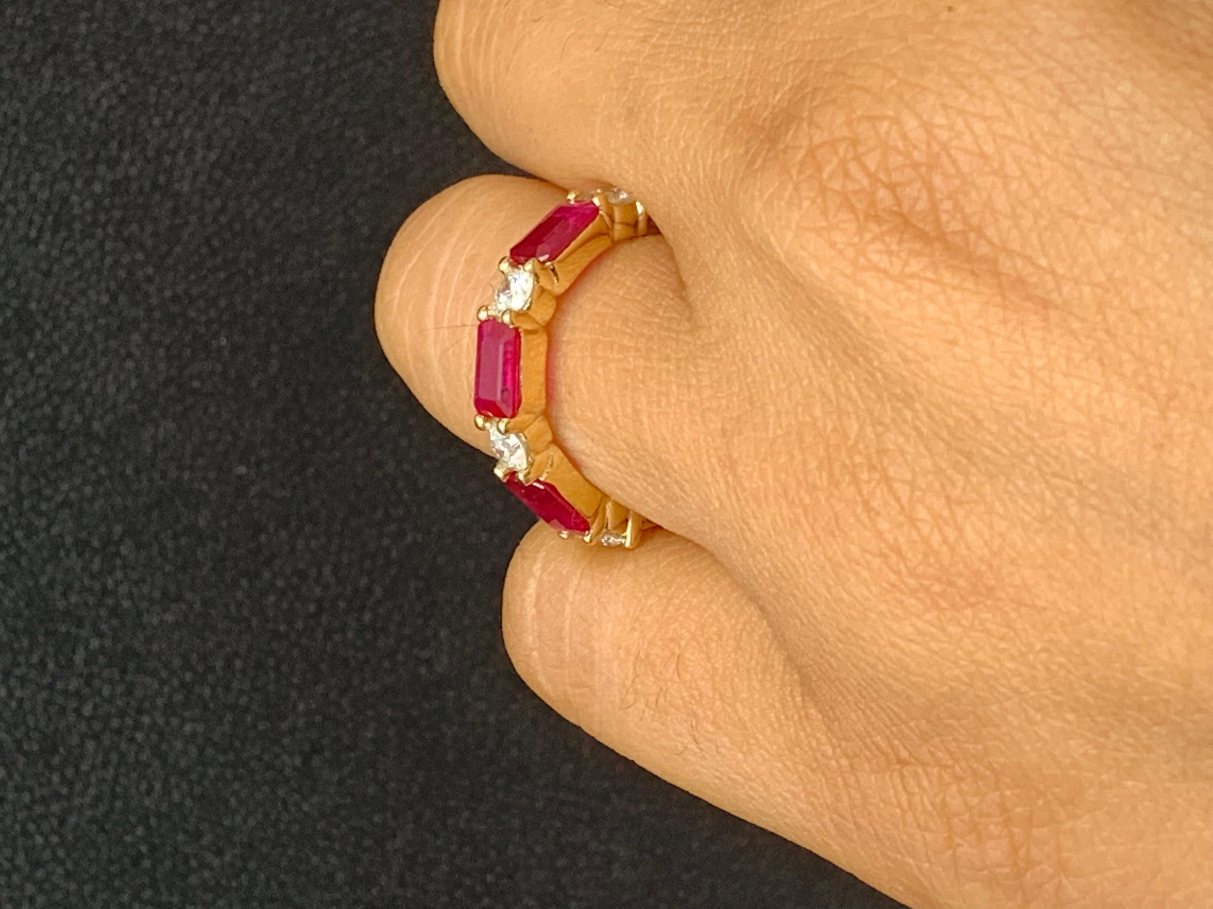 1.77 Carat Emerald Cut Ruby and Diamond Band in 14K Yellow Gold For Sale 2