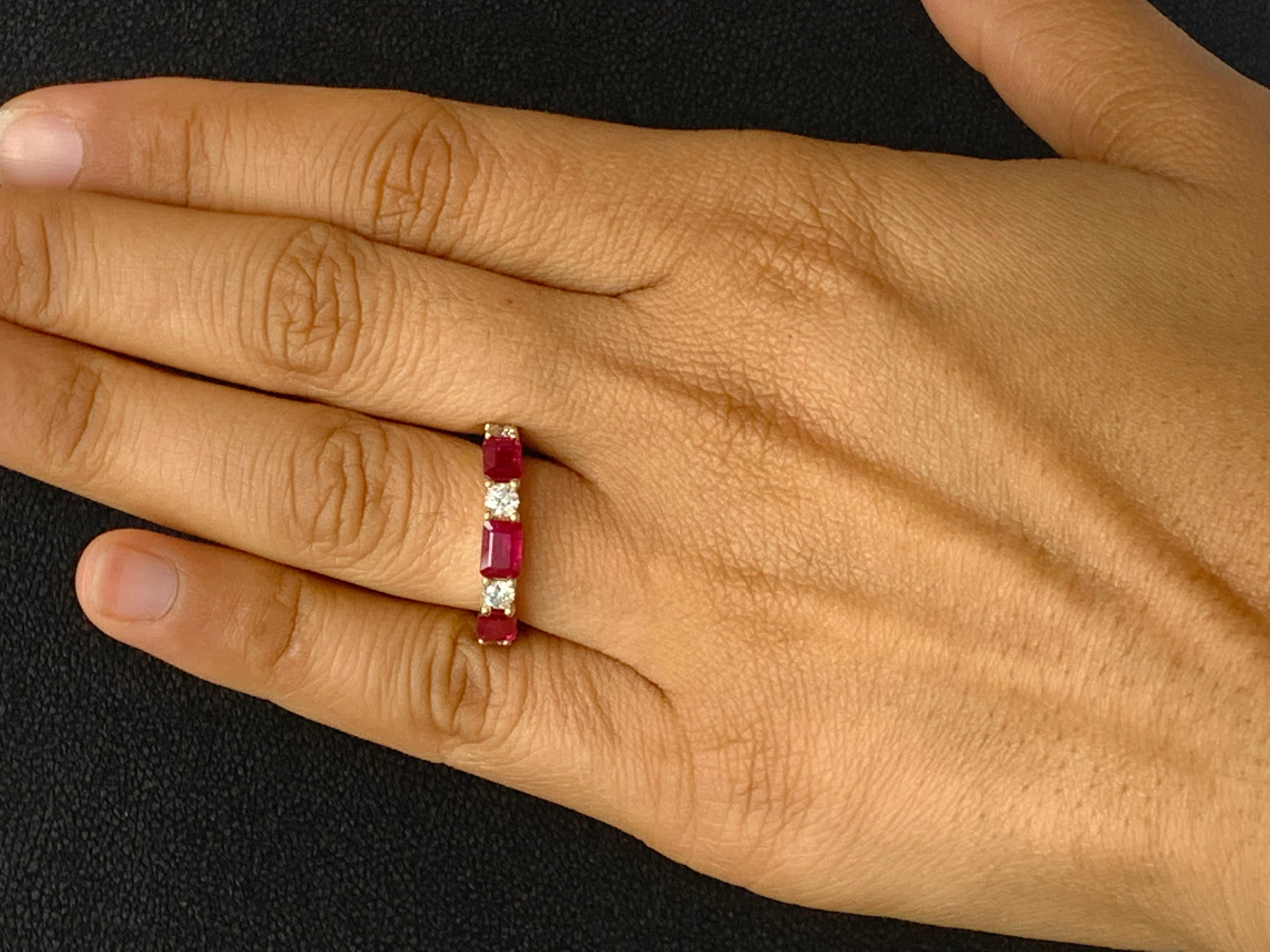 1.77 Carat Emerald Cut Ruby and Diamond Band in 14K Yellow Gold For Sale 3