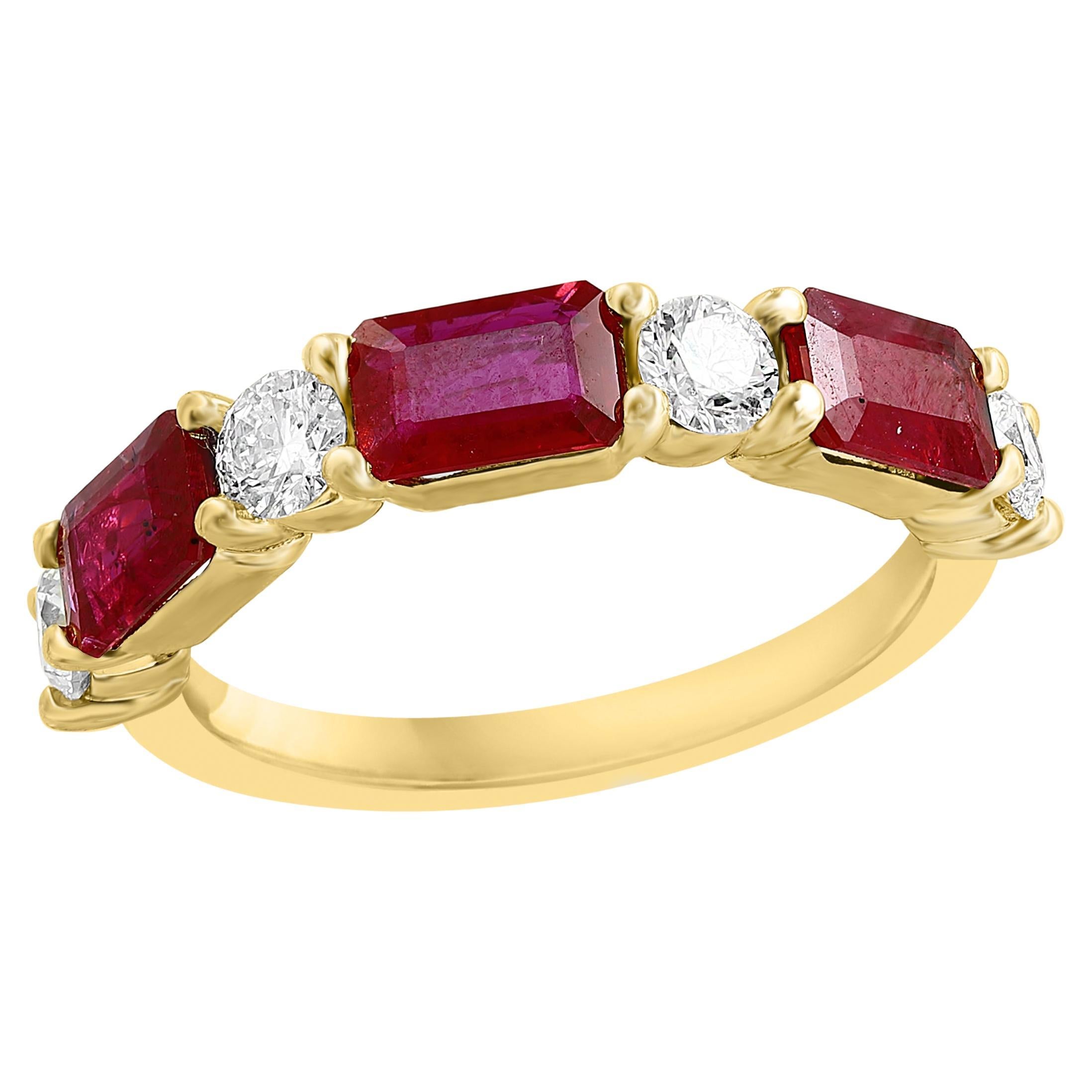 1.77 Carat Emerald Cut Ruby and Diamond Band in 14K Yellow Gold For Sale