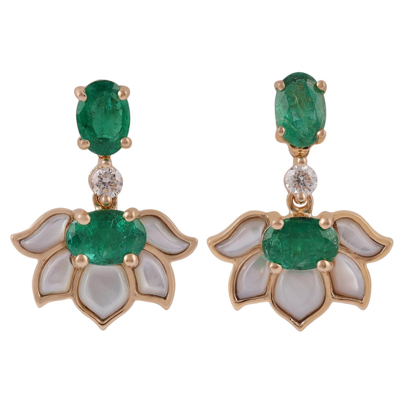 1.77 Carat Emerald, Mother of Pearl & Round Diamonds Earrings in 18k Yellow Gold For Sale