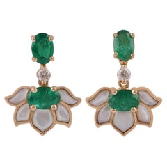 1.77 Carat Emerald, Mother of Pearl & Round Diamonds Earrings in 18k Yellow Gold