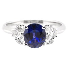 1.77 Carat Natural Blue Sapphire and Diamond Ring Set in Platinum