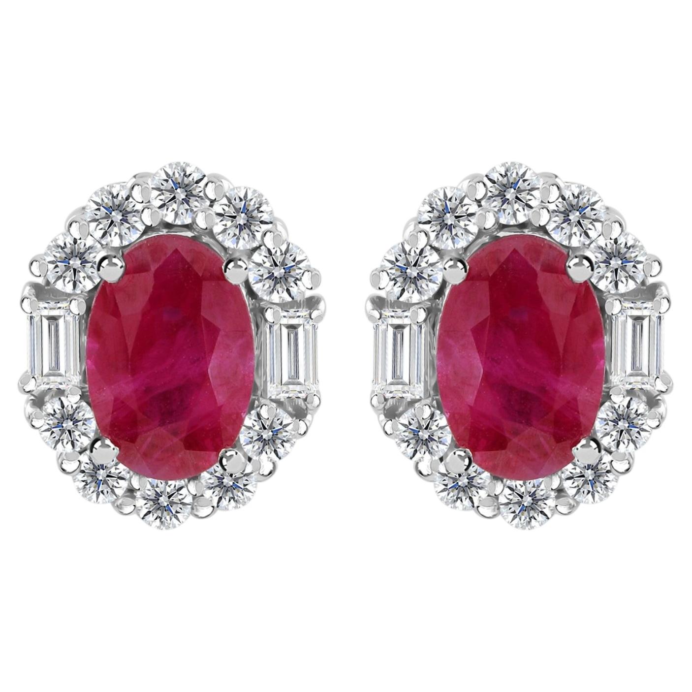 Natural Ruby Diamond Halo Earrings with Baguette Accents 18K Gold Fine Jewelry