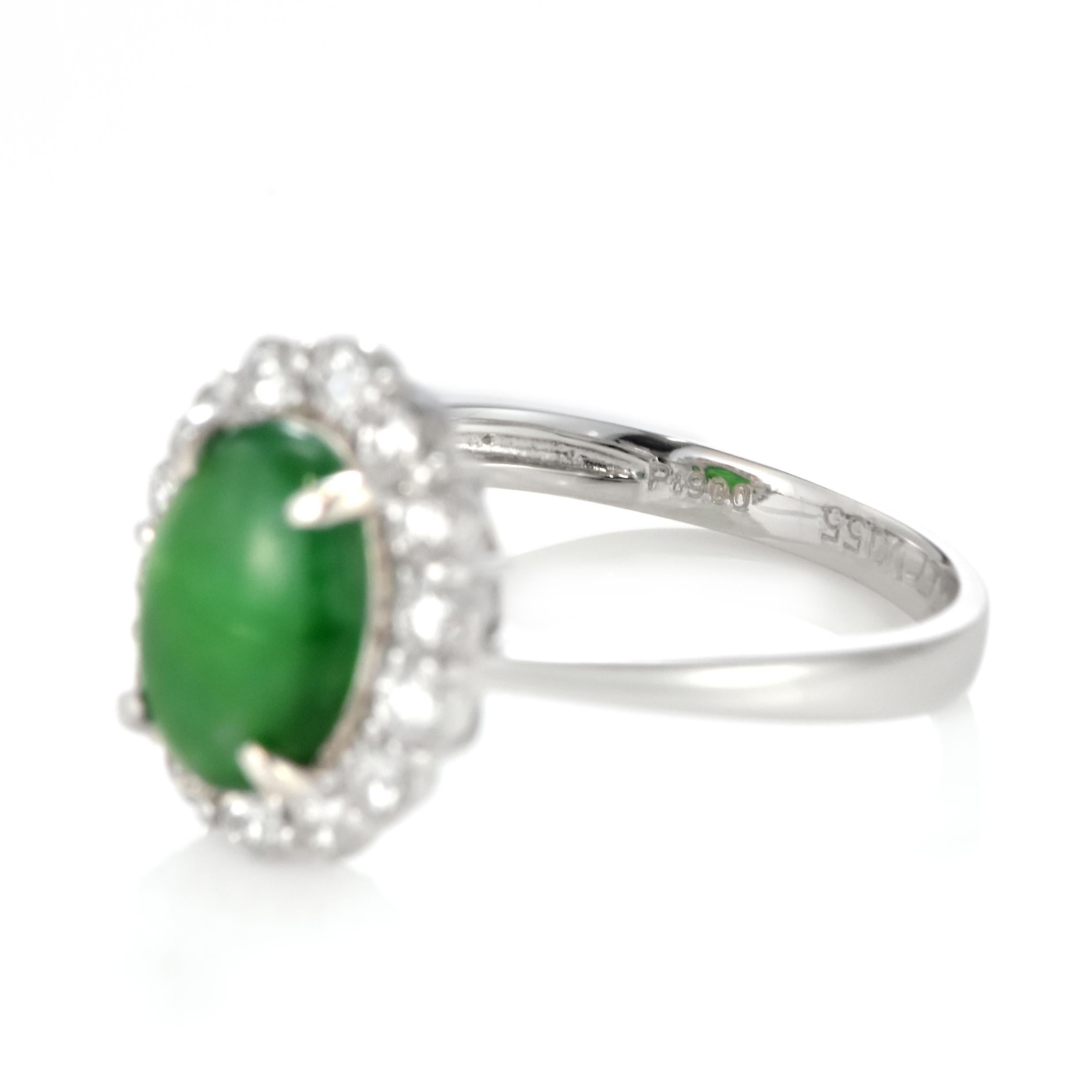 1.77 Carat Natural Type A Jade and Diamond Halo Ring Made in Platinum For Sale 6