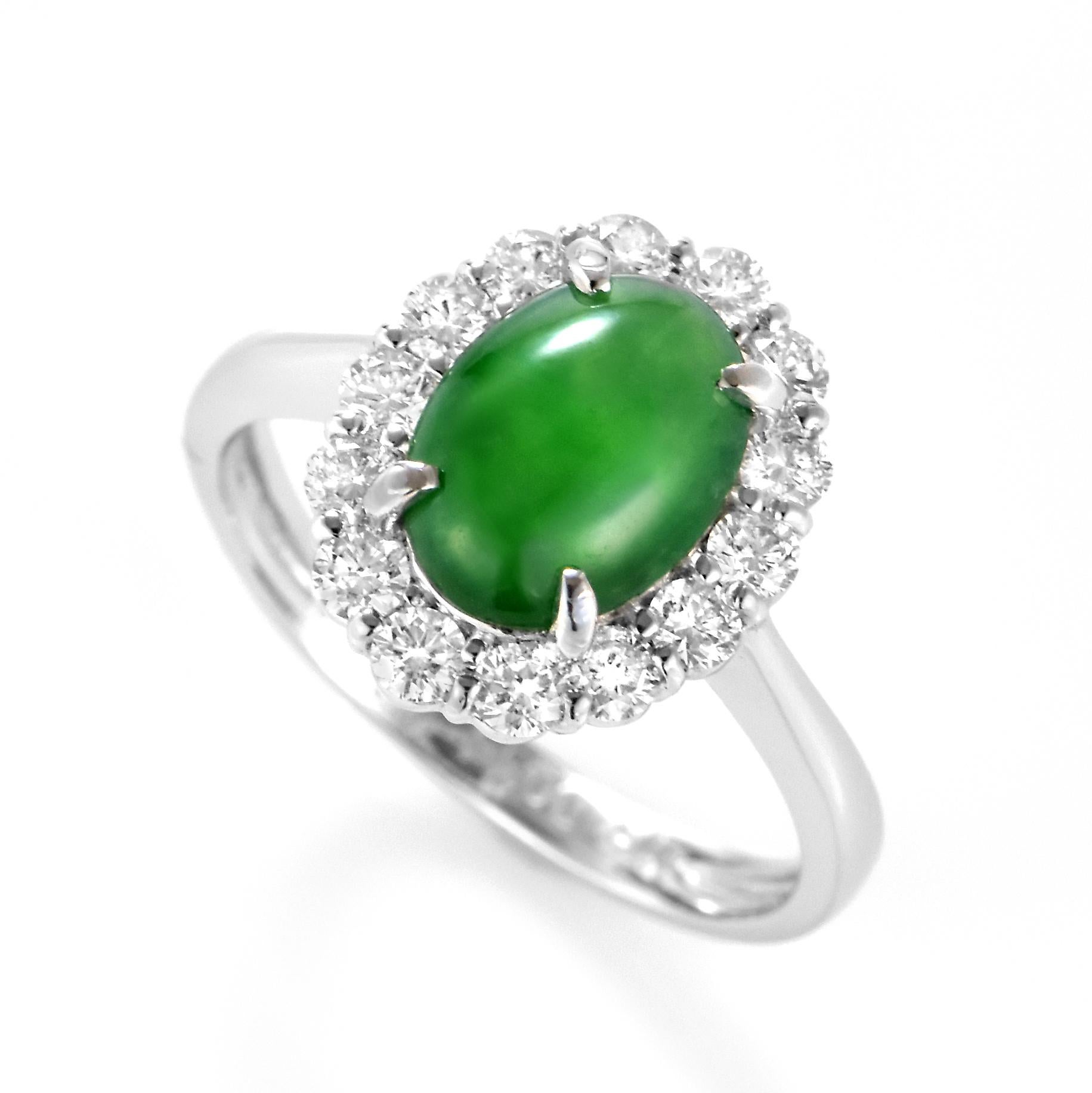 A beautiful Ring featuring a 1.77 Carat, Natural, Non-dyed Jadeite and 0.55 Carats of Diamond Accents set in Platinum. Jadeite has been cherished for millennia. Its nature is pure and enduring, yet sensuous and luxurious. Jadeite’s exceptional look